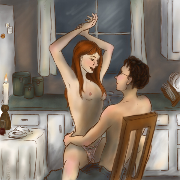 arm_up candle chair ginny_weasley hands_up harry_james_potter harry_potter kitchen panties red_hair redhead shirtless sitting_on_chair sitting_on_lap tagme the_burrow topless twilightsorcery