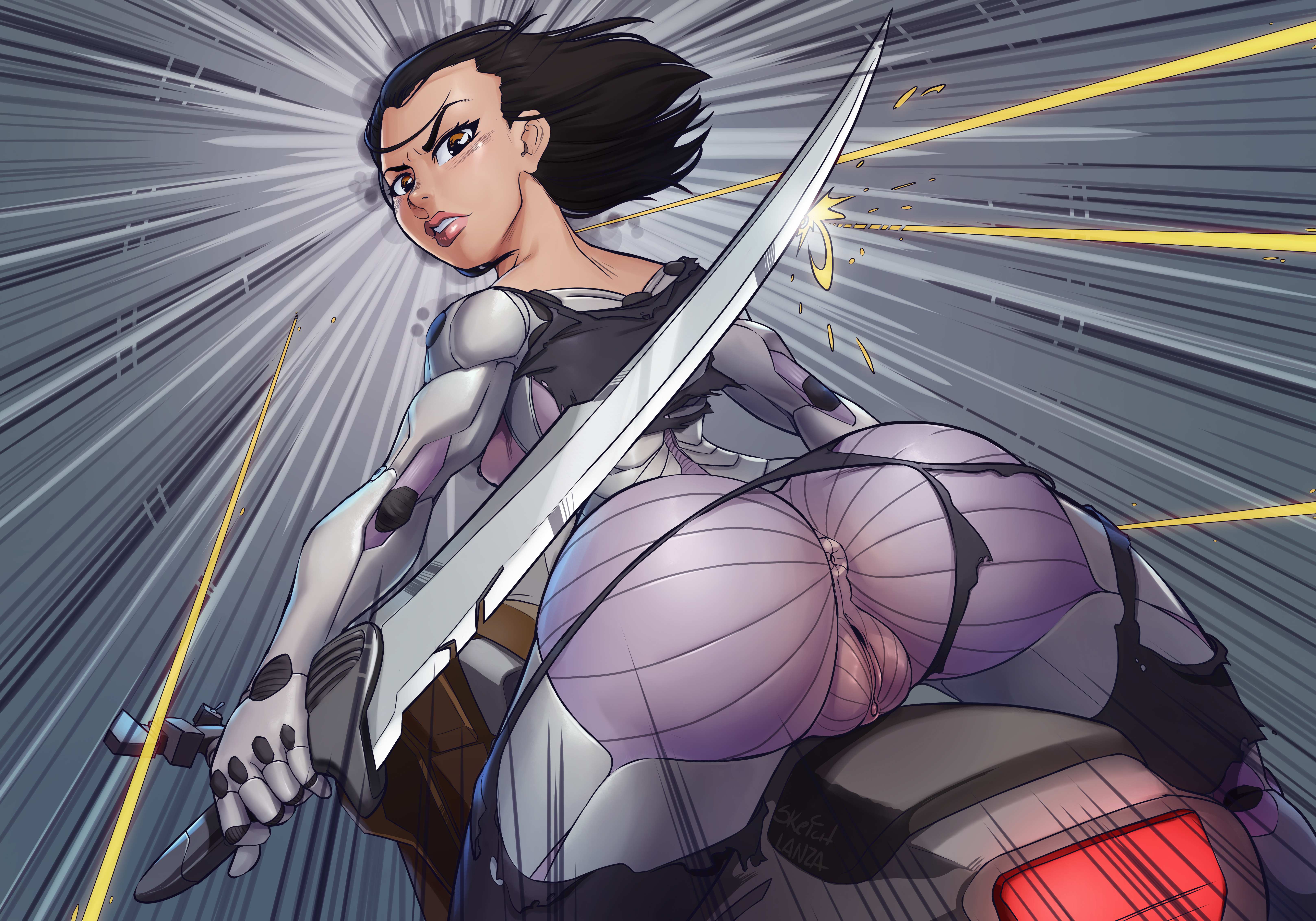 1girls, 2020, alita, anus, ass, ass focus, battle angel alita, black hair, breasts, brown eyes, clitoris, curvaceous, cybernetics, cyberpunk, cyborg, erect clitoris, female, gun, huge ass, large breasts, leather, leather suit, leotard, light skin, light-skinned female, lips, metallic body, motorcycle, pussy, short hair, sketchlanza, solo, sword, thick thighs, torn clothes, torn clothing, vagina, wide hips