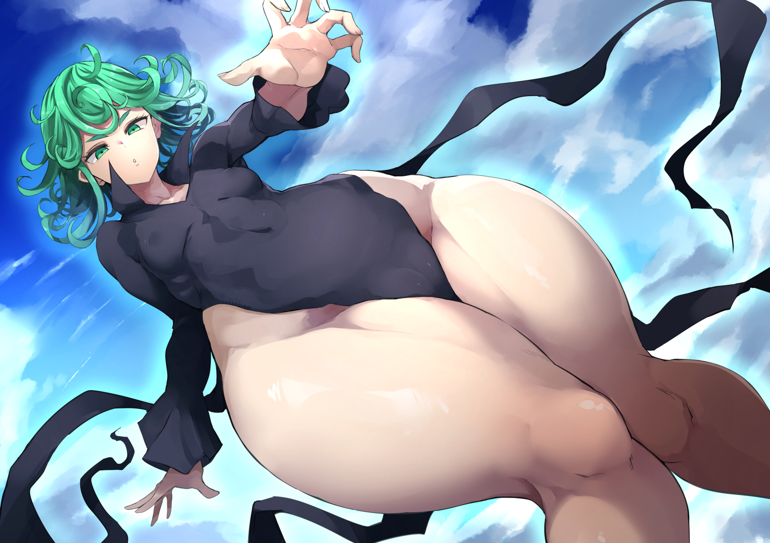 1girls, breasts, cameltoe, curvy, dress, female, female only, floating, green eyes, green hair, long dress, looking at viewer, looking down, low-angle view, muscular, muscular thighs, nuezou, one-punch man, psychic, pussy, short hair, sky, small breasts, solo, tatsumaki, thick thighs, wide hips, wide thighs