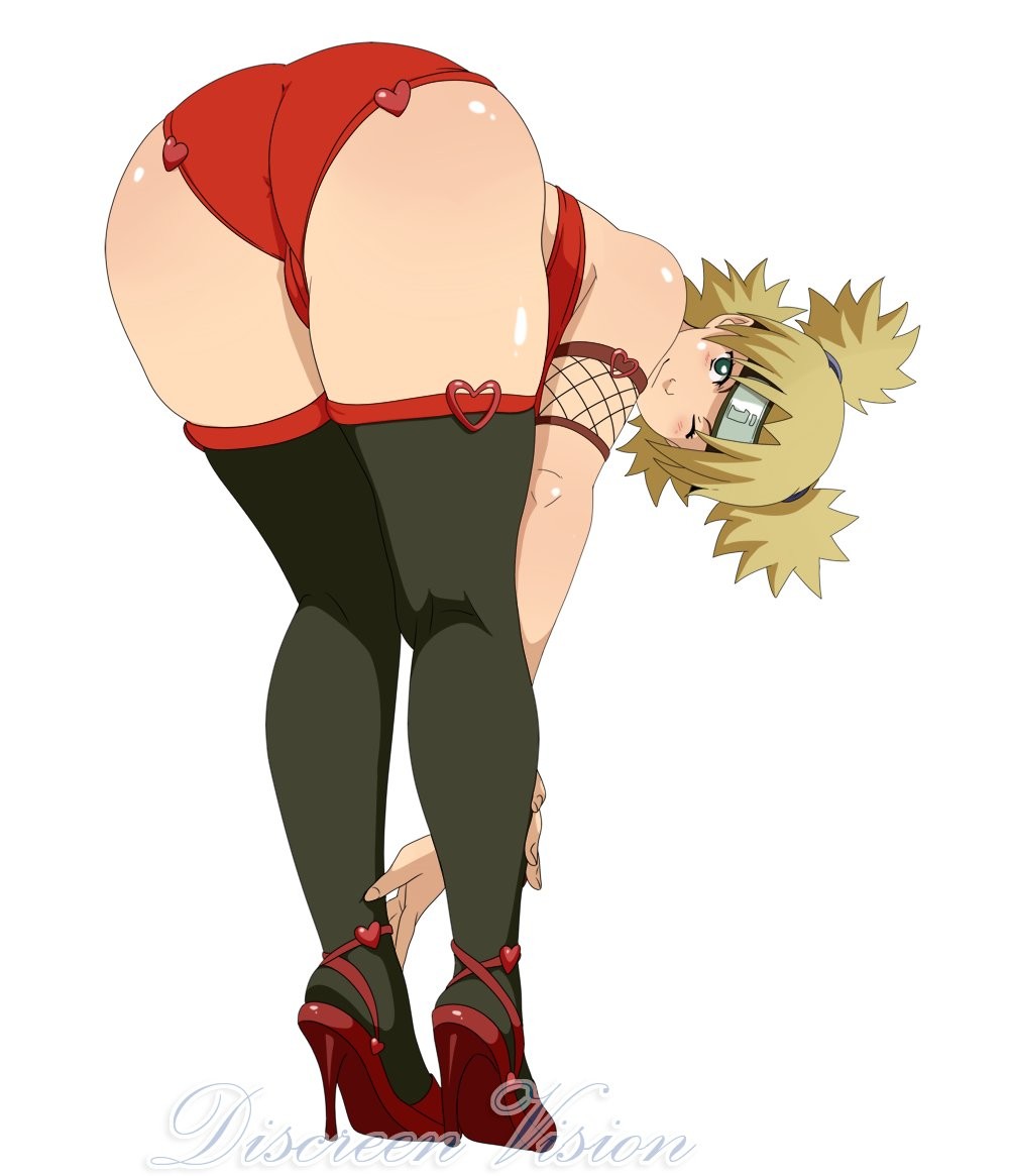 1girls, armband, armwear, ass, ass focus, back view, bare shoulders, bent over, big ass, big butt, blonde hair, blonde-haired female, blush, cameltoe, cheesecake, clothed female, commentary, female, female focus, female only, fishnet armwear, fishnets, footwear, forehead protector, from behind, green eyes, high heels, inusen, legwear, light skin, light-skinned female, long hair, looking at viewer, looking back, naruto, naruto (series), naruto shippuden, parted bangs, pinup, presenting, presenting ass, presenting hindquarters, pussy, quad tails, round ass, shiny hair, shiny skin, shoes, shounen jump, simple background, skindentation, smile, smiling at viewer, solo, solo female, solo focus, standing sex, stockings, sunagakure symbol, temari, text, thighhighs, tied hair, tubetop, watermark, white background, wink, winking at viewer