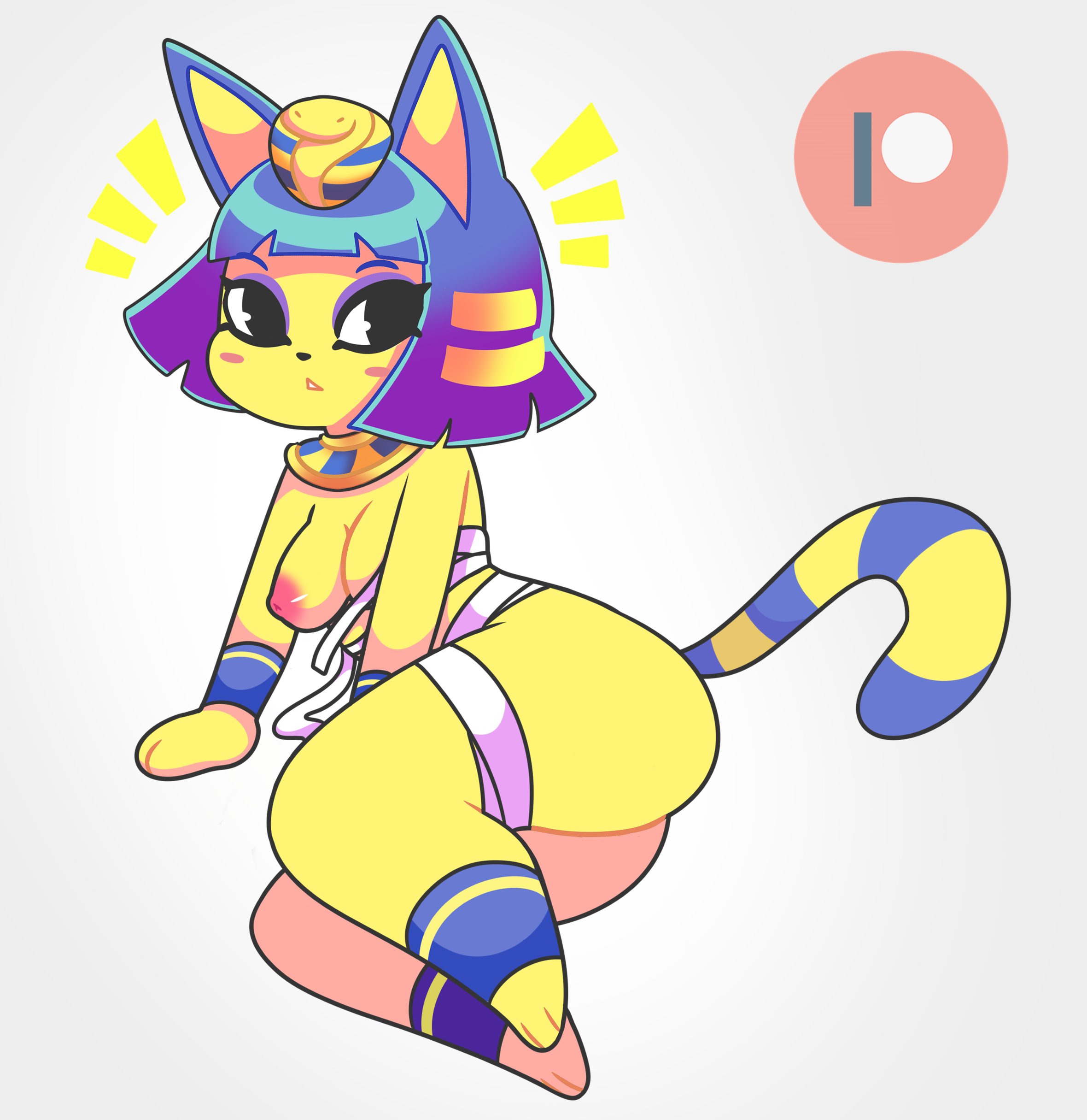1girls, animal crossing, ankha, ass, big breasts, blue hair, breasts, cat ears, cat girl, cat tail, feline, female, female only, nintendo, nipples, onigiri punch, solo, tagme, yellow fur