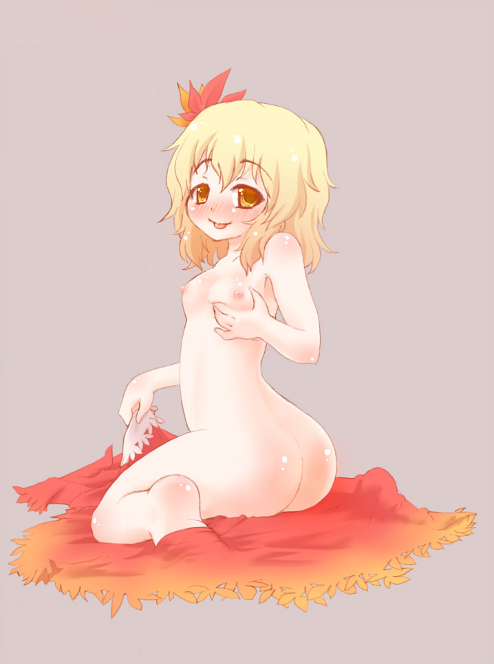 :p arinu ass blonde_hair blush dress_removed eyebrows_visible_through_hair female grabbing_own_breast leaves_in_hair looking_at_viewer looking_back red_dress shizuha_aki short_hair solo tongue_out touhou yellow_eyes