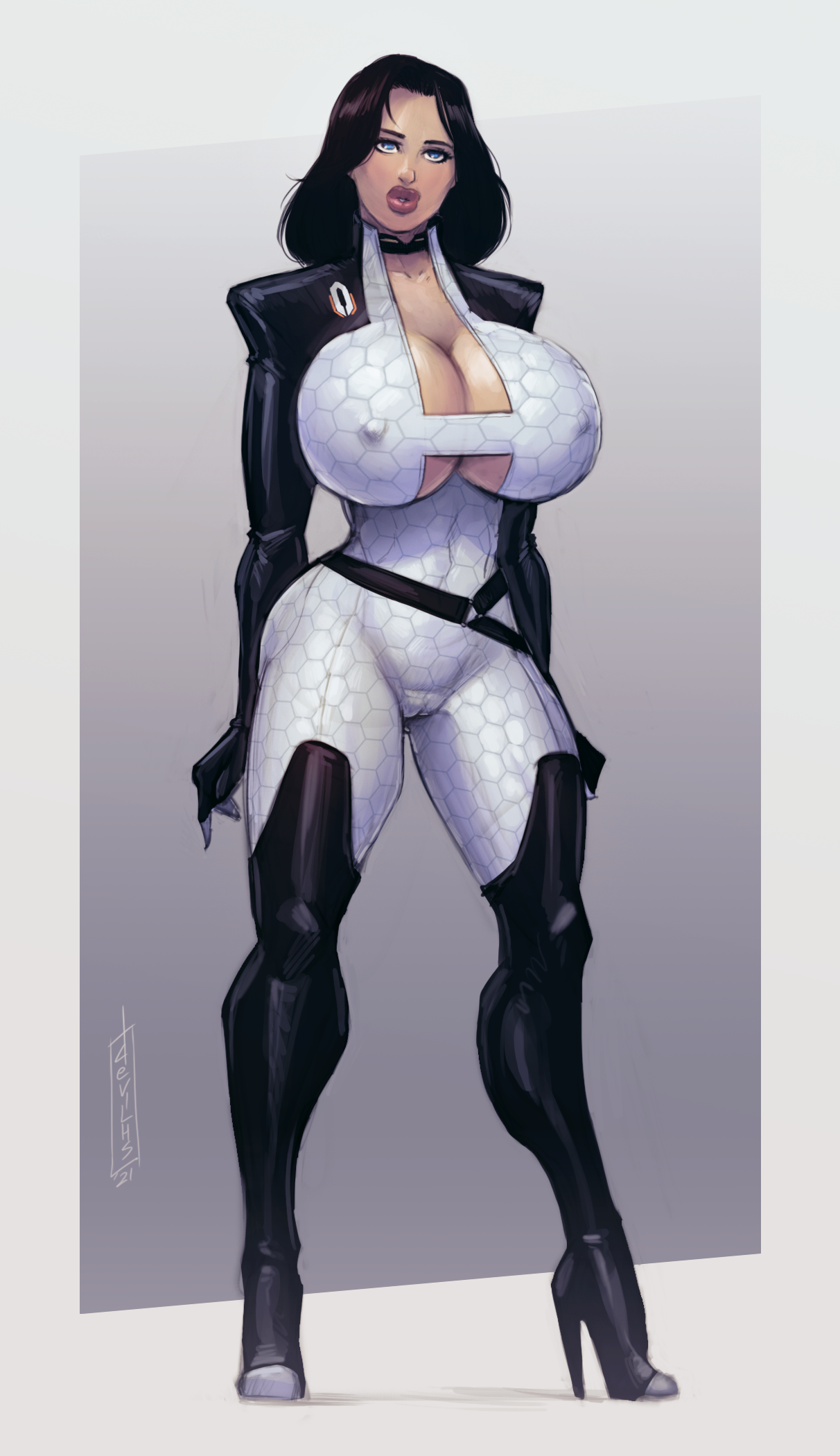 1girls, adapted costume, big breasts, bimbo, black hair, blue eyes, bodysuit, breasts, busty, cameltoe, cleavage, curvy, devil hs, female, female only, high heels, hourglass figure, huge breasts, large breasts, mass effect, miranda lawson, nipple bulge, nipples, nipples visible through clothing, pussy, see-through clothing, skimpy clothes, skin tight, solo, stiletto heels, tagme, thick lips, thick thighs, very high heels, voluptuous, wide hips