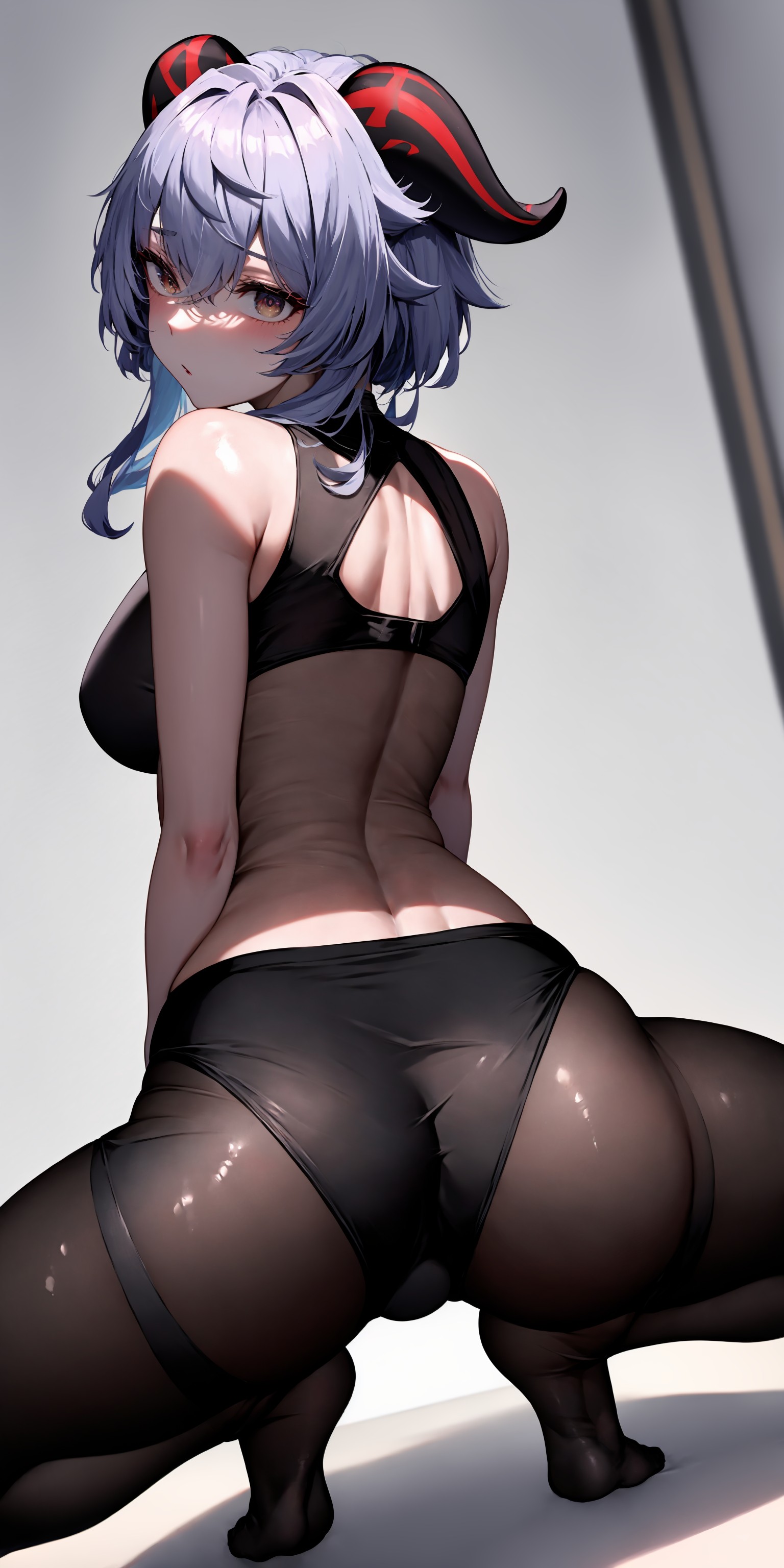 ai generated, anthro, areolae, ass, big ass, big butt, black leggings, black top, blue eyes, blue hair, breasts, female, female only, ganyu (genshin impact), genshin impact, gym, solo, solo female, solo focus, sport, squatting, stable diffusion
