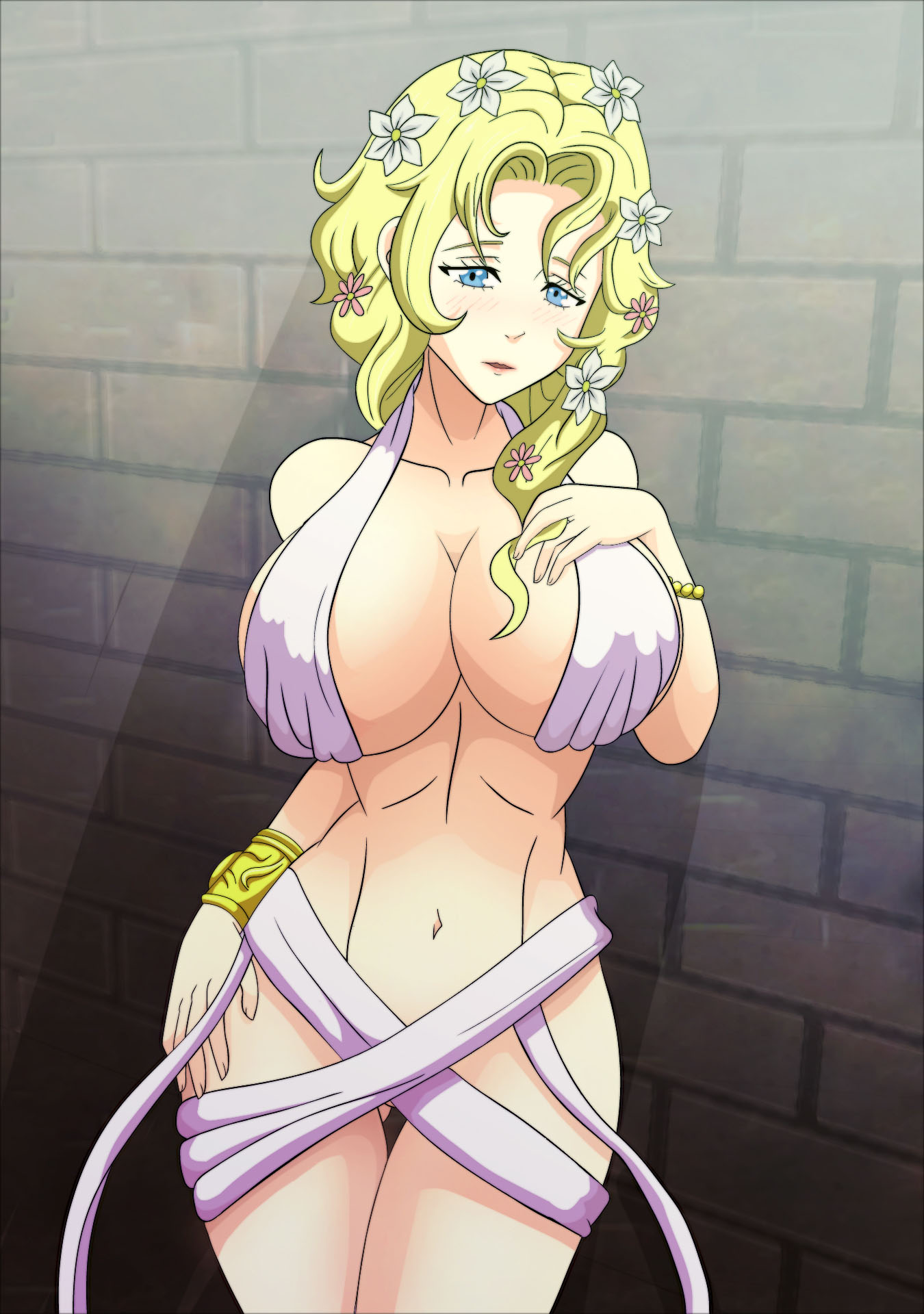 aphrodite, aphrodite (shuumatsu no valkyrie), big breasts, blonde, blonde hair, blue eyes, bracelet, bracelets, breasts, female, flower in hair, flowers in hair, shuumatsu no valkyrie, tagme