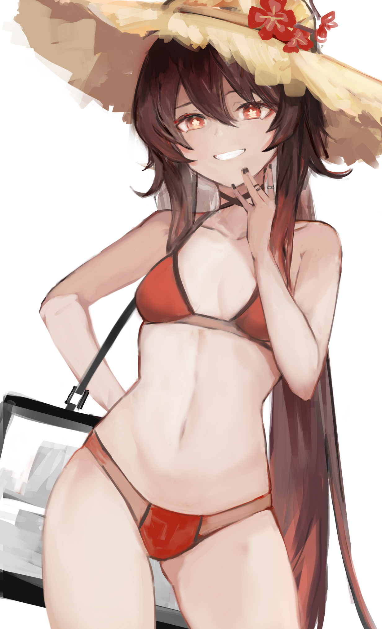 1girls, bikini, brown eyes, female, genshin impact, hu tao (genshin impact), navel, red bikini, red eyes, smile, solo