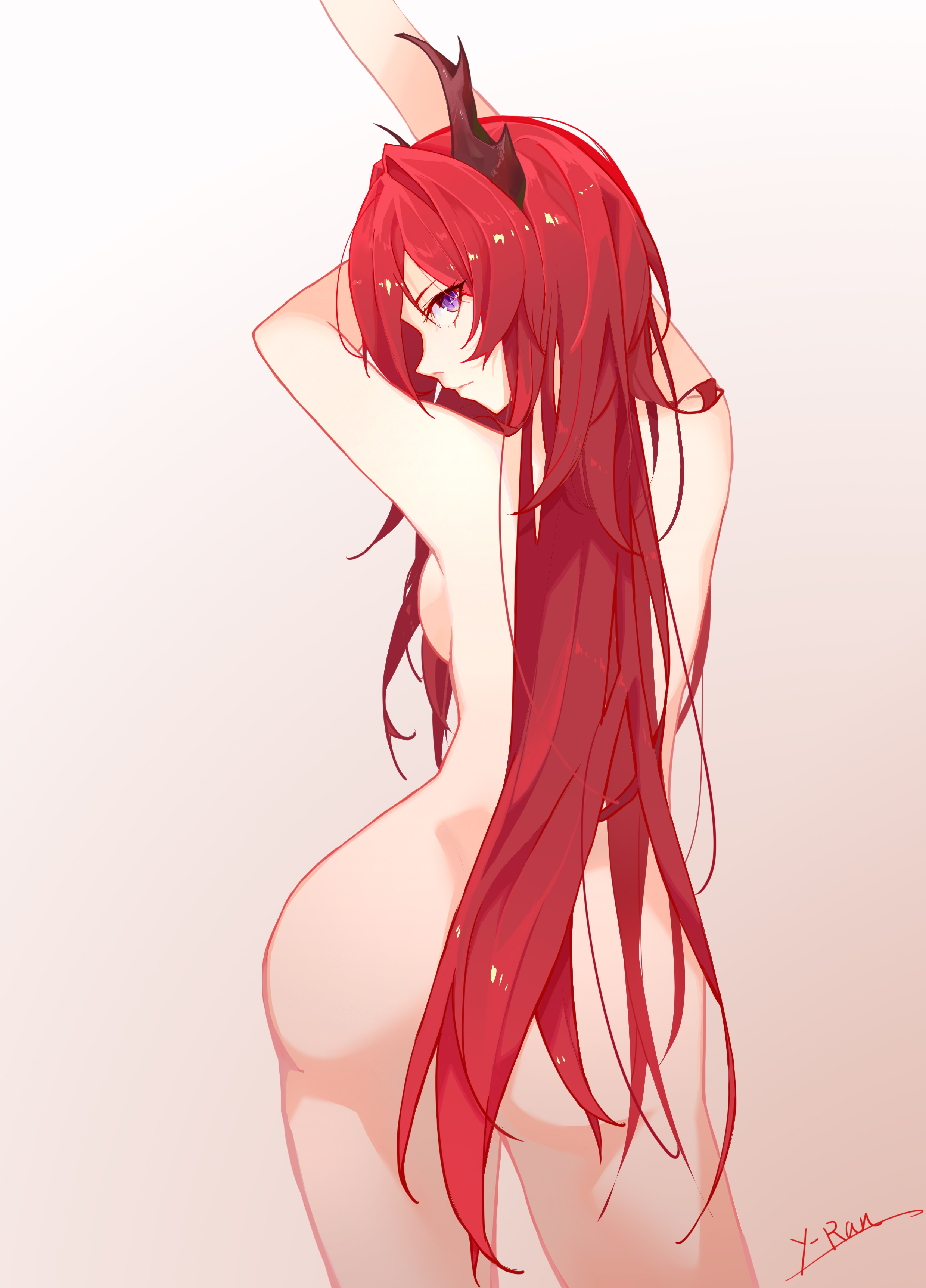 1girls, arknights, artist request, ass, backboob, big ass, big breasts, breasts, completely nude, demon, demon girl, female, female only, hand up, highres, horns, long hair, looking at viewer, looking back, nose, nude, purple eyes, red hair, solo female, stretching, surtr (arknights), thighs, very long hair, white background, y-ran