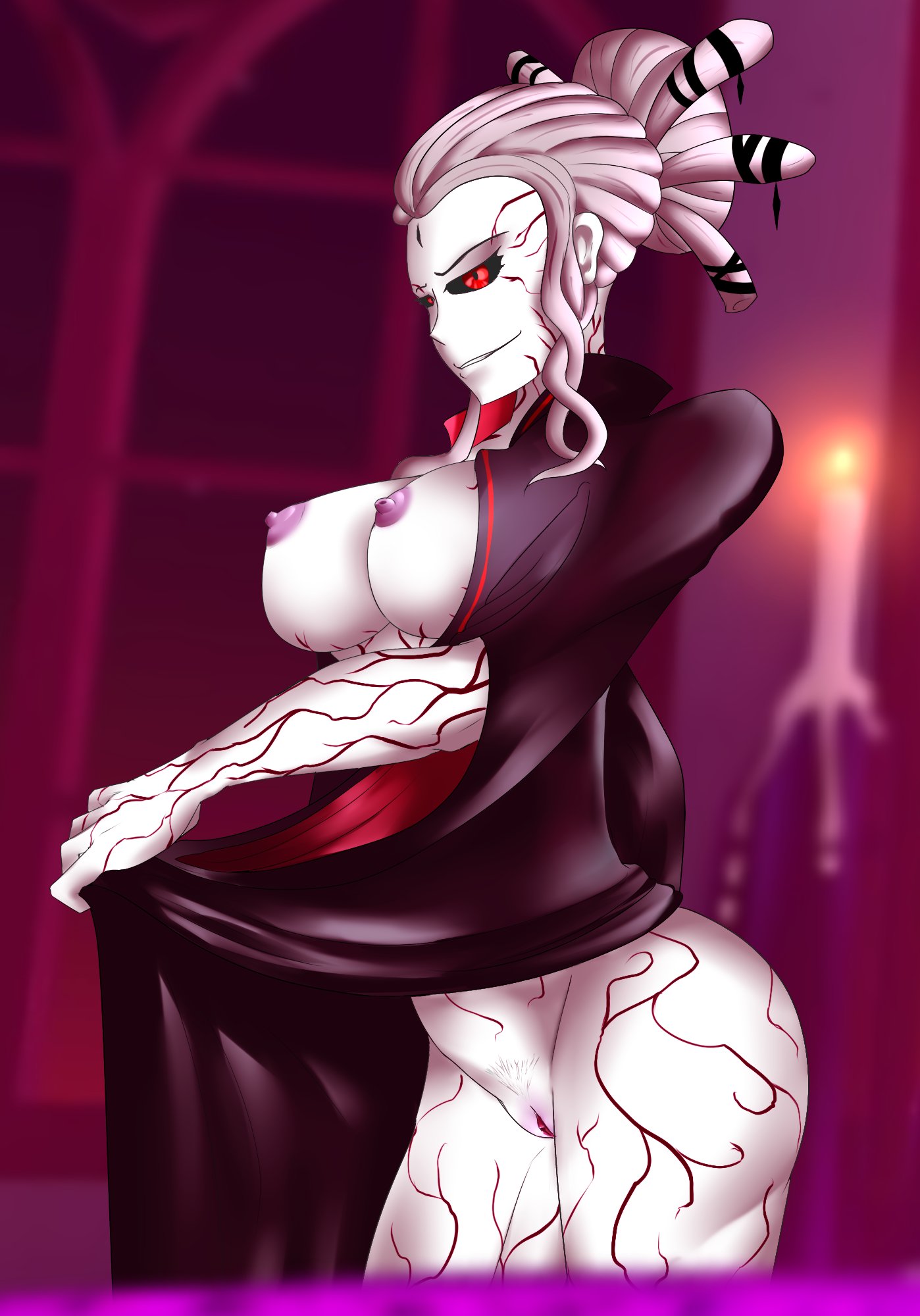 1girls, breasts, breasts out, dress lift, female, female only, filthydungeons, lifted by self, light skin, light-skinned female, nipples, pale skin, pale-skinned female, pussy, red eyes, rwby, salem (rwby), solo, veins, veiny, white hair