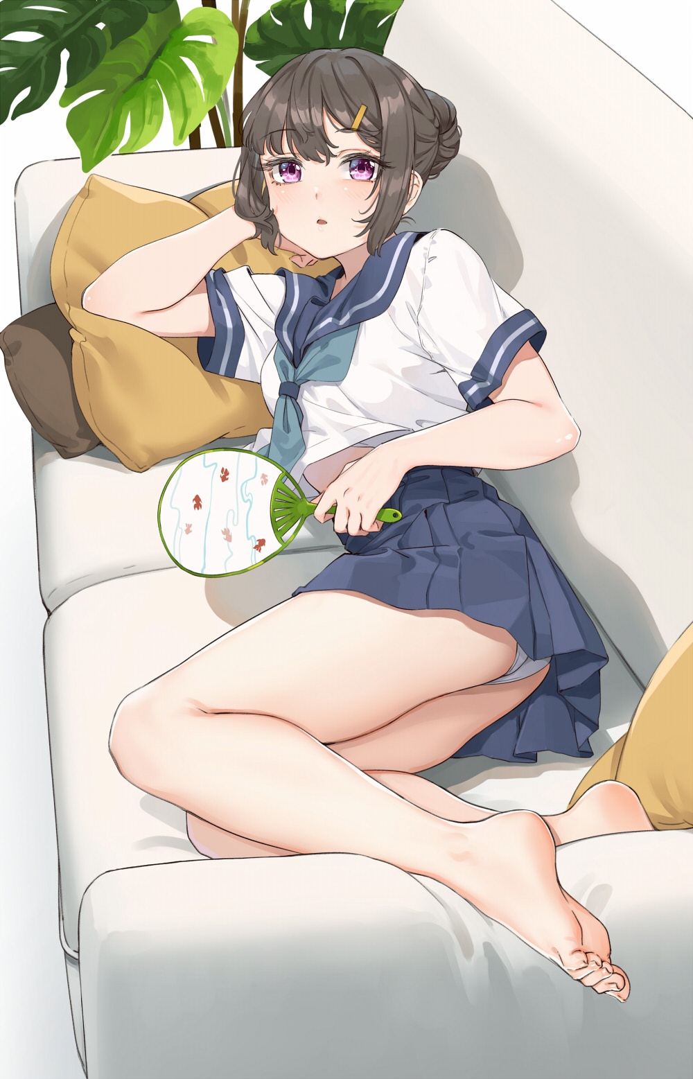 :o arm_support ass bangs barefoot blue_neckwear blue_sailor_collar blue_skirt brown_hair couch eyebrows_visible_through_hair fan fangxiang_cuoluan feet female hair_bun hair_ornament hairclip highres holding holding_fan looking_at_viewer lounging lying midriff_peek neck_ribbon on_side original panties panty_peek paper_fan pillow pleated_skirt purple_eyes ribbon sailor_collar school_uniform serafuku shirt_overhang short_hair short_sleeves sidelocks skirt solo swept_bangs toes underwear white