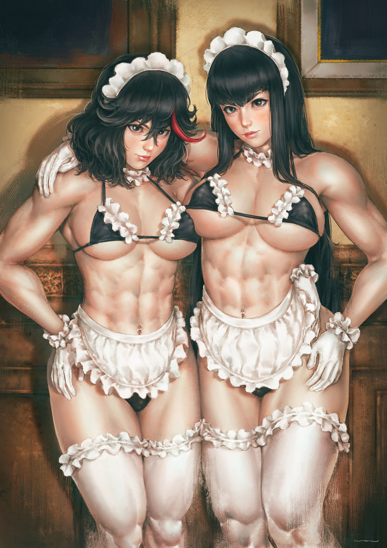 2girls, abs, big breasts, breasts, cleavage, female, female only, fit, kill la kill, kiryuuin satsuki, large breasts, matoi ryuuko, muscles, muscular, muscular female, prinzkuon
