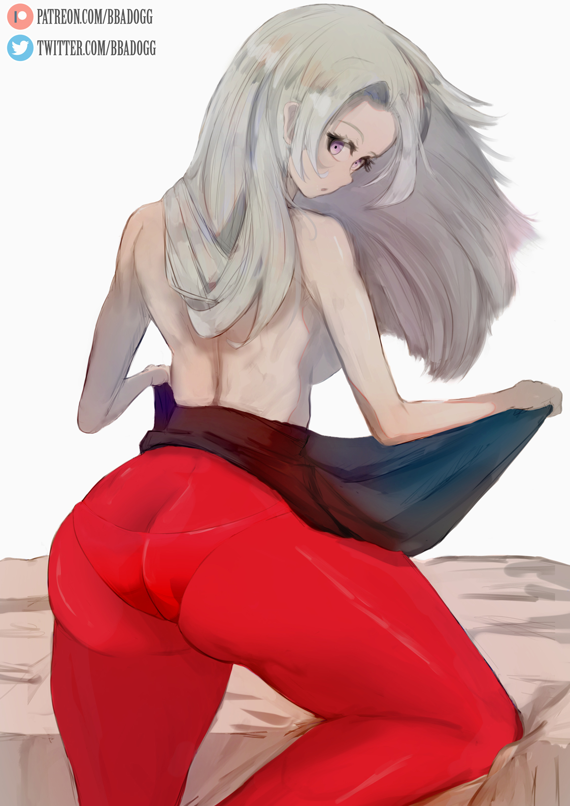 1girls, ass, ass focus, ass visible through thighs, back, back view, bare arms, bare shoulders, bbadogg, bed, bedroom, bedroom setting, breasts, butt focus, edelgard von hresvelg, female, female only, fire emblem, fire emblem: three houses, large ass, looking at viewer, looking back, nintendo, pantyhose, pantylines, purple eyes, simple background, skirt, skirt lift, skirt up, solo, solo female, tights, topless, undressing, white hair