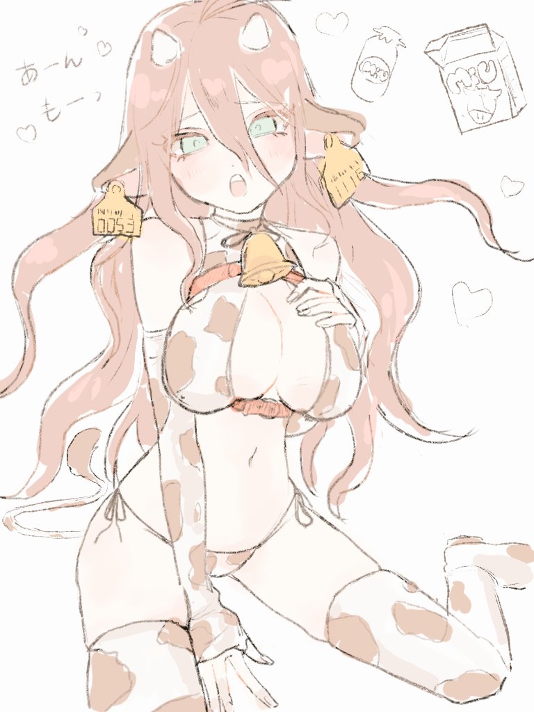 1girls, big breasts, breasts, color, colored, cow ears, cow girl, cow horns, cow print, cowbell, danganronpa, danganronpa v3, ear tag, female, female focus, female only, iruma miu, light skin, light-skinned female, milk, pale skin, pale-skinned female, straight hair, thighhighs, white background