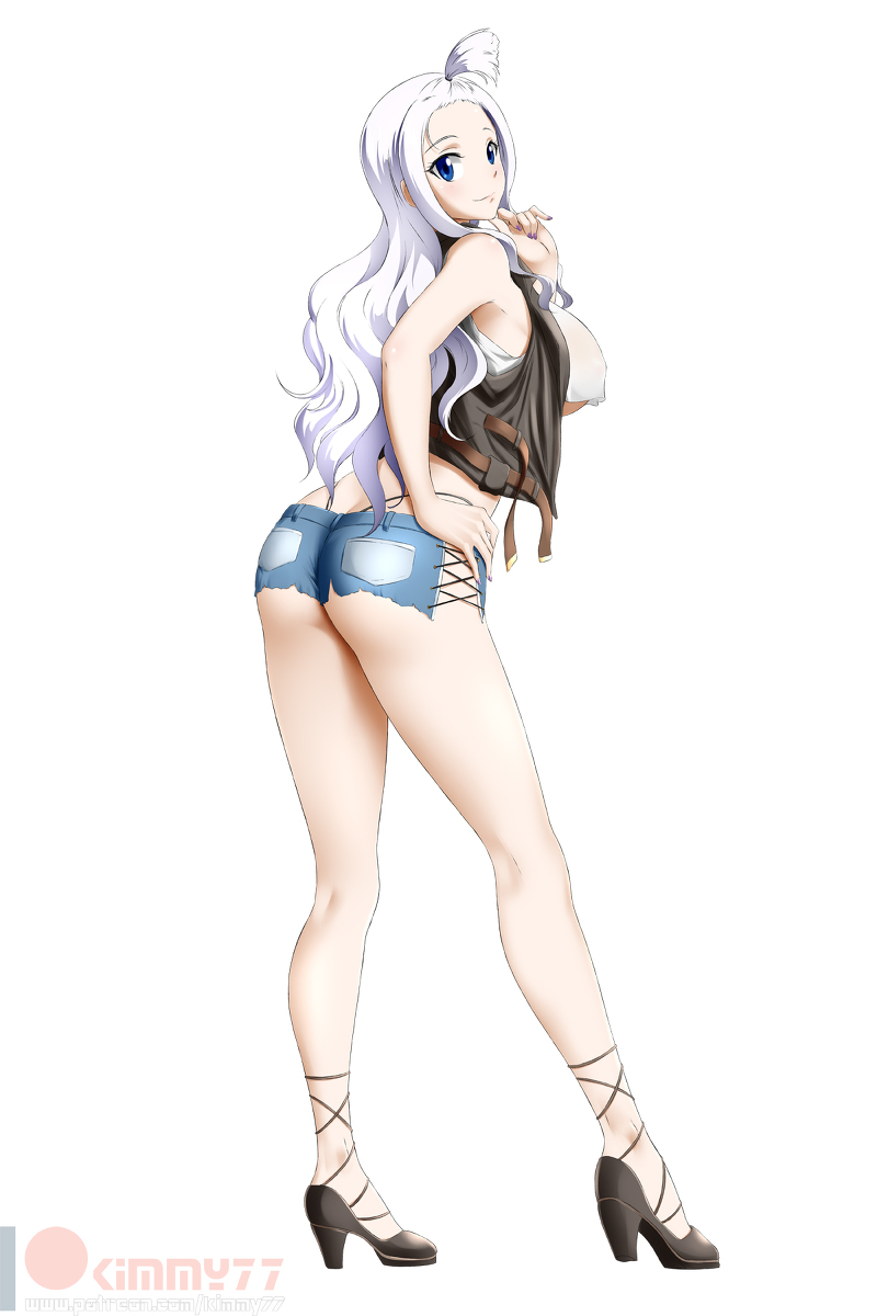 1girls, alone, armpits, ass, ass cleavage, ass crack, butt crack, denim, denim shorts, fairy tail, female, flushed, hand on chin, hand on hip, heels, high heels, kimmy77, long legs, looking at viewer, mirajane strauss, shorts, thighs, visible underwear, white background, white hair, white-haired female