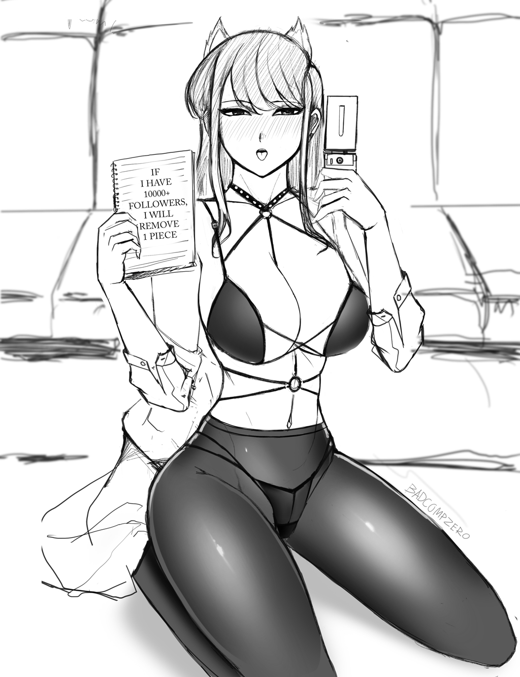 badcompzero, doodle, female, komi shouko, komi-san wa komyushou desu, lingerie, pantyhose, phone