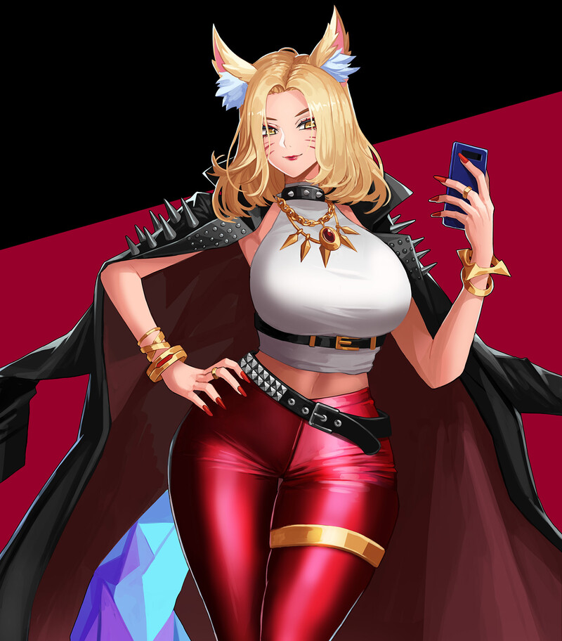 ahri, ass, big ass, big breasts, blonde hair, breasts, drogod (artist), female, fox, fox ears, fox tail, huge breasts, k/da ahri, k/da series, large breasts, league of legends, riot games, tagme, tight clothing, wide hips