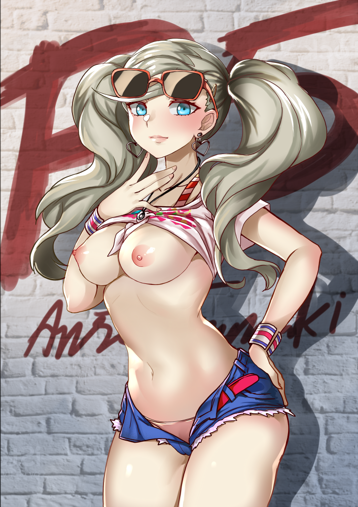 ann_takamaki aqua_eyes blush bracelet breasts earrings female kaorihero long_hair looking_at_viewer persona persona_5 short_shorts shorts solo standing sunglasses twintails