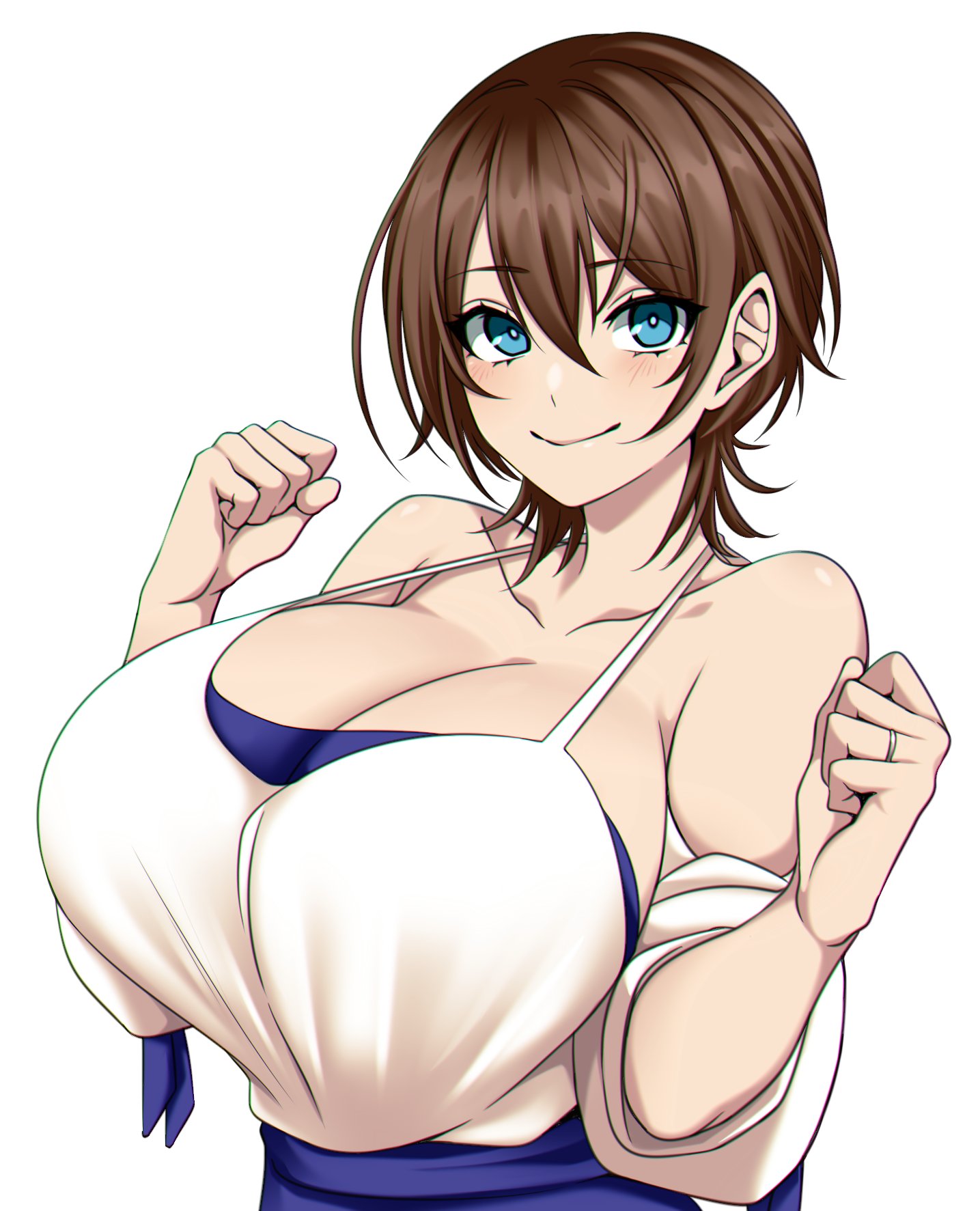1girls, big breasts, blue eyes, blush, blushing, breasts, brown hair, busty, camui kamui (hz 666v), cleavage, cute, enormous breasts, exposed shoulders, female, female only, happy, huge breasts, keno (keno ch), large breasts, light skin, light-skinned female, looking at viewer, original, ring, short hair, shoulders, sleeveless, sleeveless shirt, smile, solo, top heavy, voluptuous, wedding ring