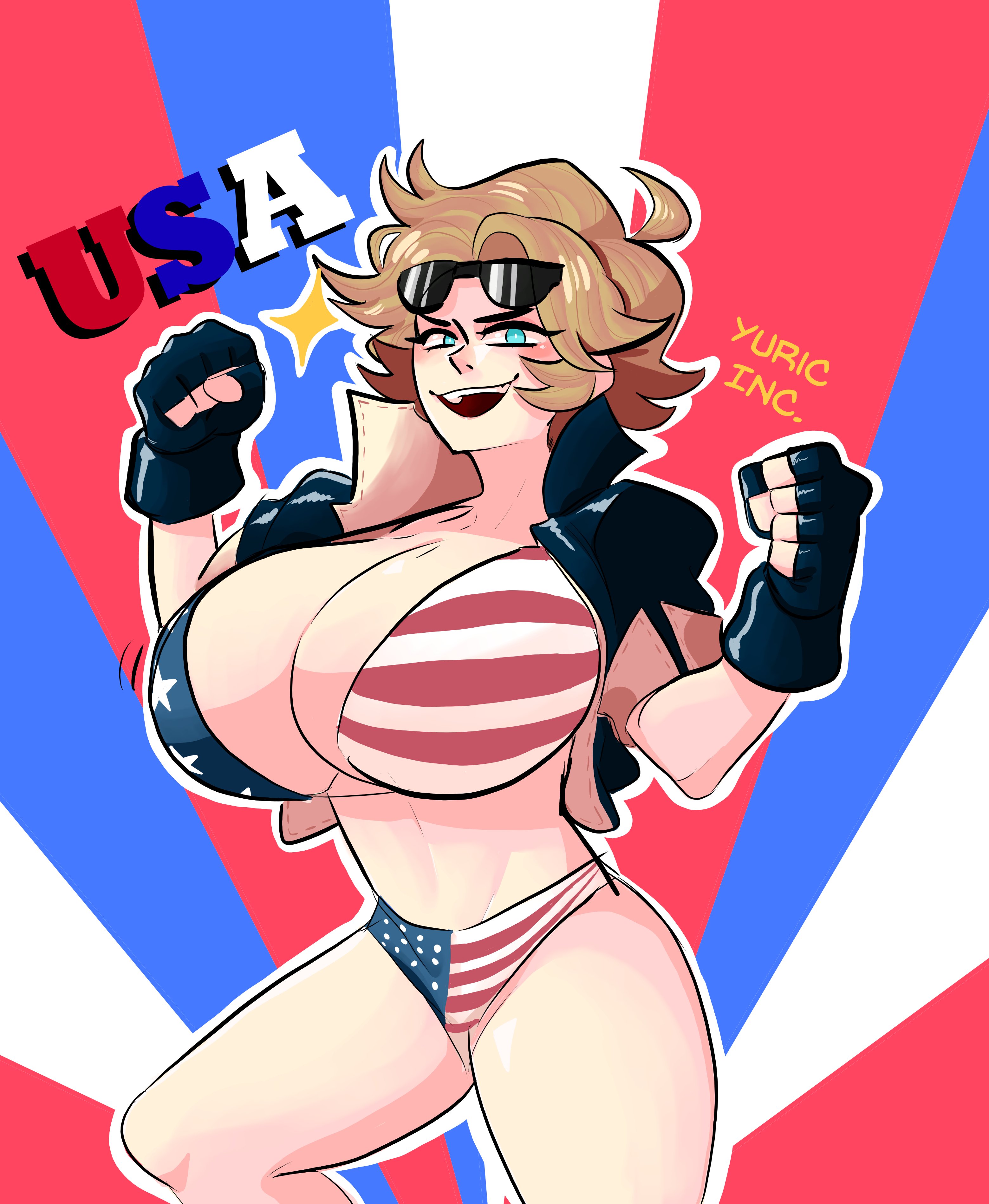 4th of july, american flag, american flag bikini, blonde hair, blue eyes, breasts, breasts bigger than head, country inc (yuric inc), countryhumans, countryhumans girl, dirty blonde hair, eyewear on head, female, gloves, huge breasts, jacket, pinup, signature, sunglasses on head, text, usa (yuric inc), yuric inc