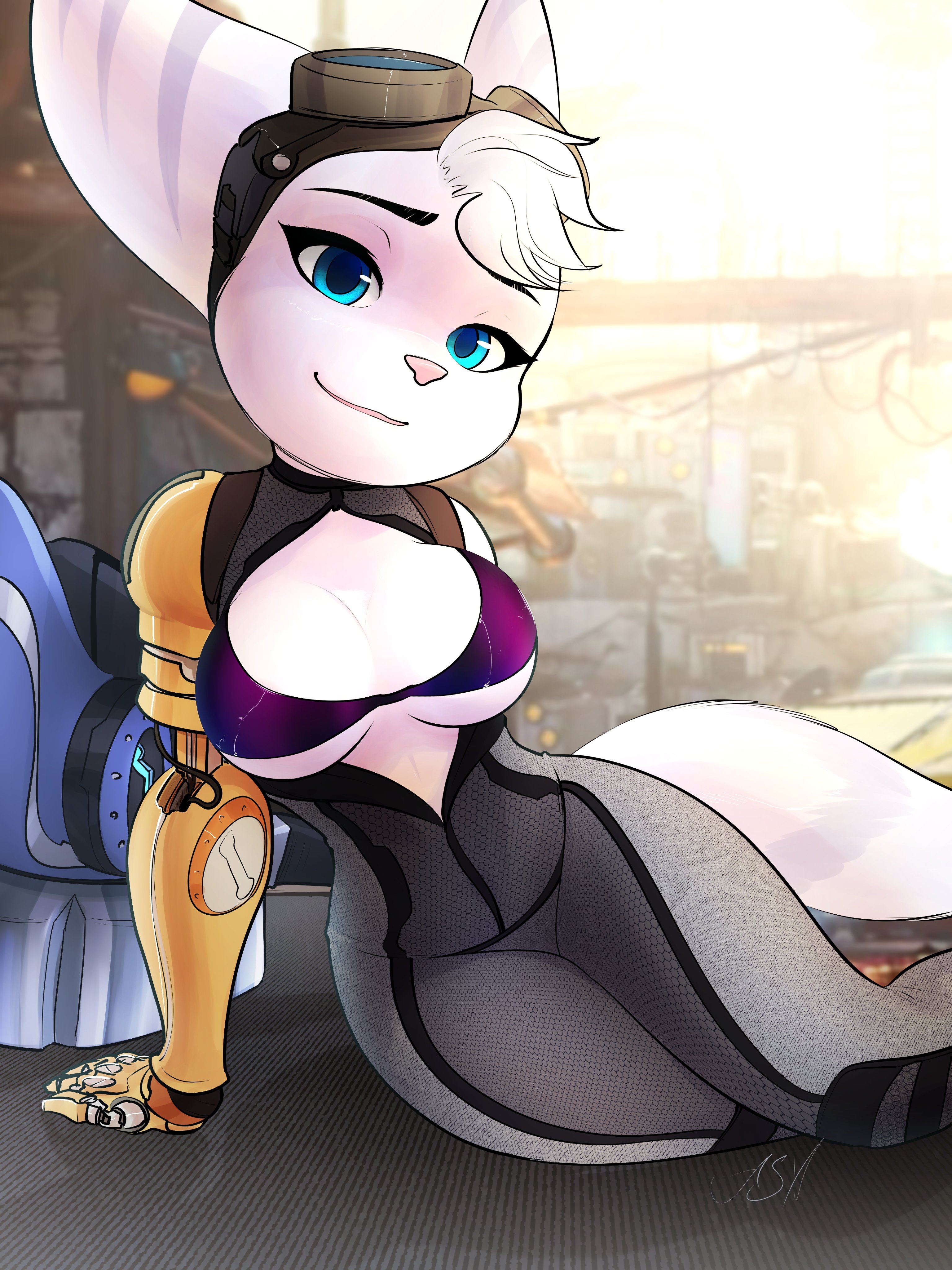 1girls, alternate version available, anthro, applespicex, big ears, blue eyes, bodysuit, bra, breasts, breasts out, cleavage, clothed, cybernetic arm, cybernetic limb, cybernetics, female, female only, furry, goggles, goggles on head, leaning, lombax, looking at viewer, mechanical, on side, open bodysuit, prosthetic, prosthetic arm, prosthetic limb, ratchet and clank, ratchet and clank: rift apart, rivet (ratchet and clank), smile, solo, tail, underboob, white fur, white hair