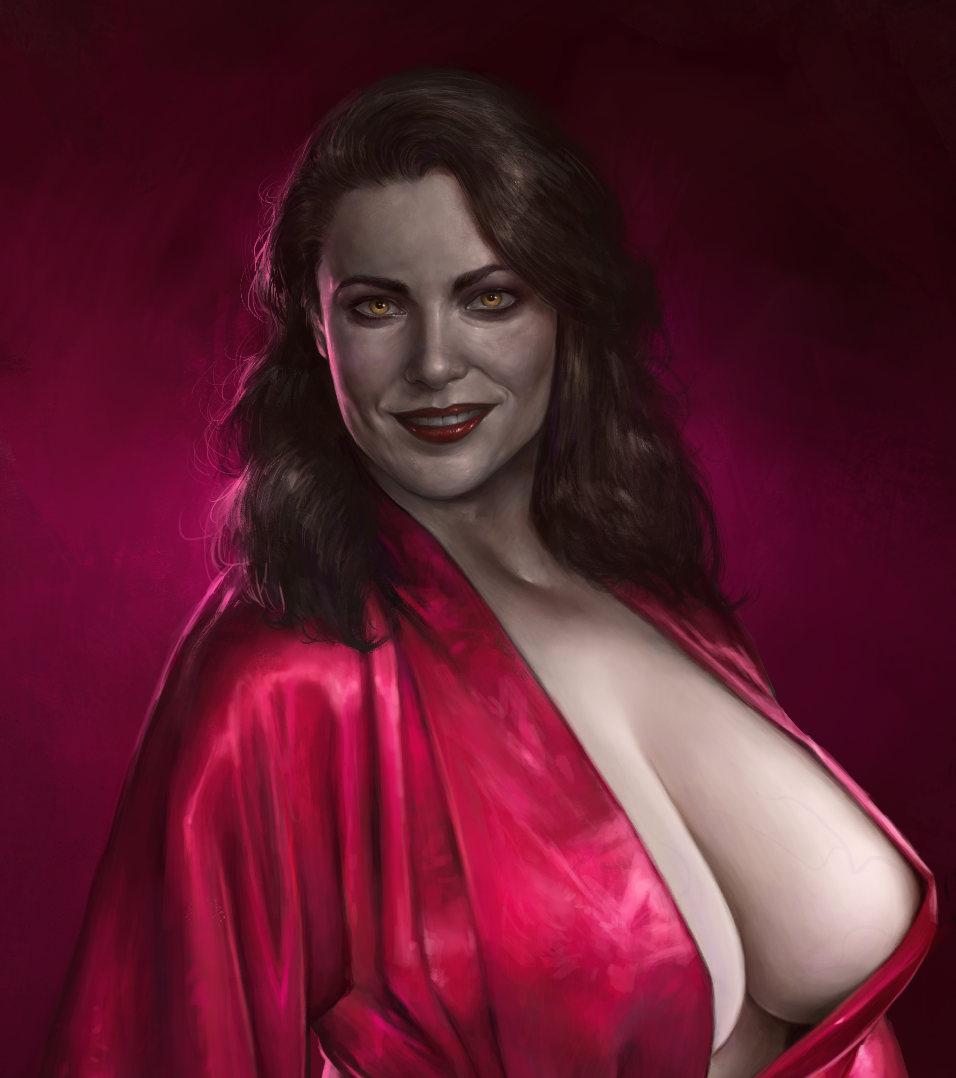 alcina dimitrescu, areola slip, bathrobe, big breasts, black hair, breasts, busty, cleavage, curvy, dark hair, female, justsomenoob, large breasts, light skin, light-skinned female, lipstick, looking at viewer, mature female, milf, pale skin, pale-skinned female, pinup, pinup pose, pose, posing, red lipstick, resident evil, resident evil 8: village, robe, solo, standing, tall, thick, vampire, wide hips, yellow eyes