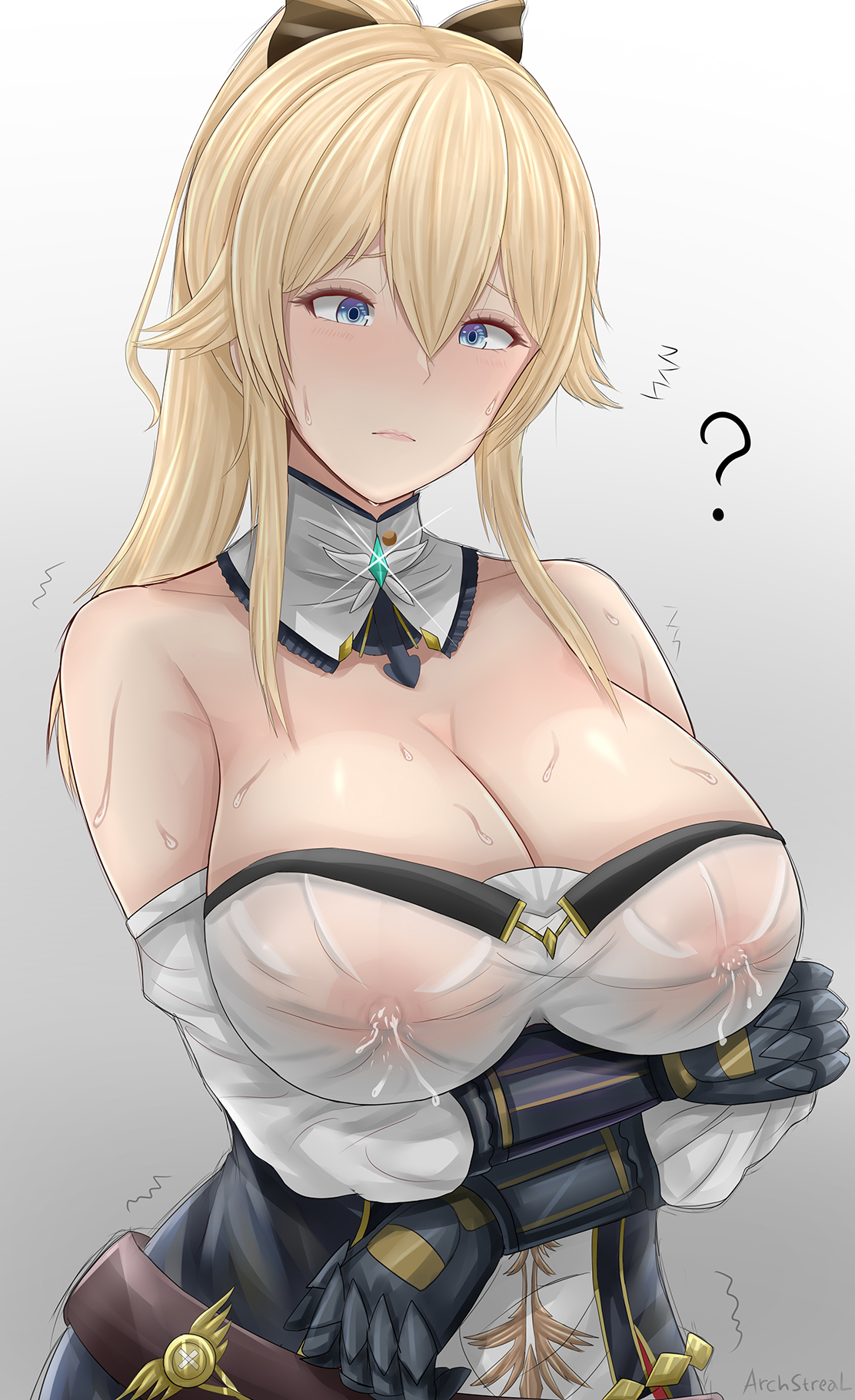 1girls, archstreal, big breasts, blonde hair, blue eyes, breast milk, breasts, cleavage, female, female only, genshin impact, gloves, jean gunnhildr, lactation, large breasts, solo, solo female, sweat