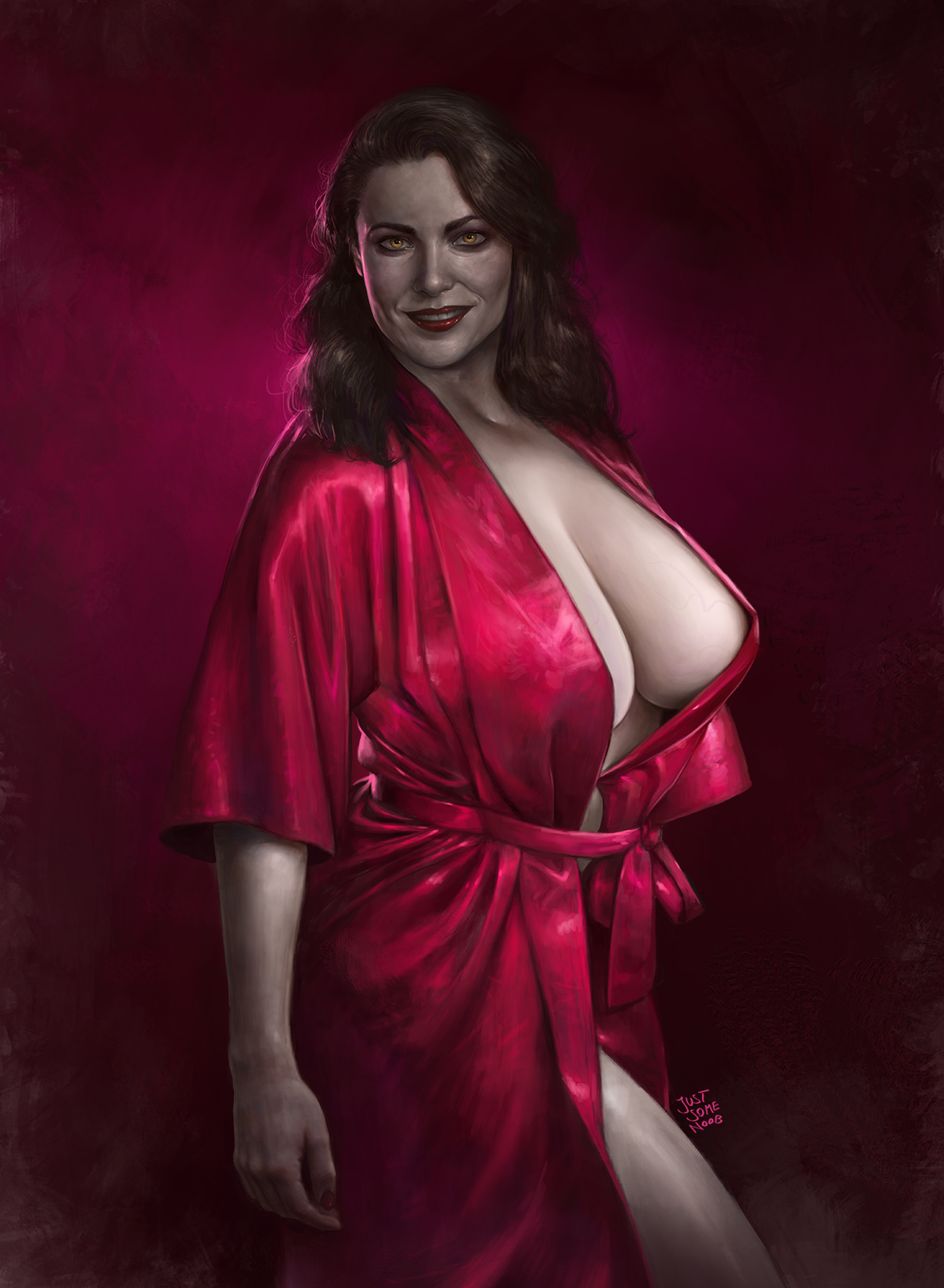 alcina dimitrescu, areola slip, bathrobe, big breasts, black hair, breasts, busty, cleavage, curvy, dark hair, female, justsomenoob, large breasts, light skin, light-skinned female, lipstick, looking at viewer, mature female, milf, pale skin, pale-skinned female, pinup, pinup pose, pose, posing, red lipstick, resident evil, resident evil 8: village, robe, solo, standing, tall, thick, vampire, wide hips, yellow eyes