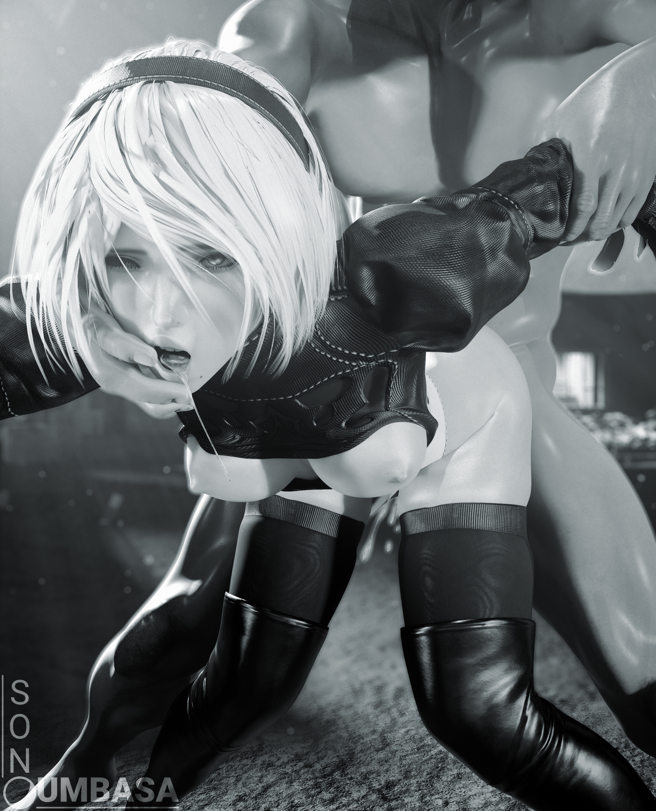 1girls, 3d, black and white, breasts, female, from behind, nier, nier (series), nier: automata, son umbasa, tagme, yorha 2b
