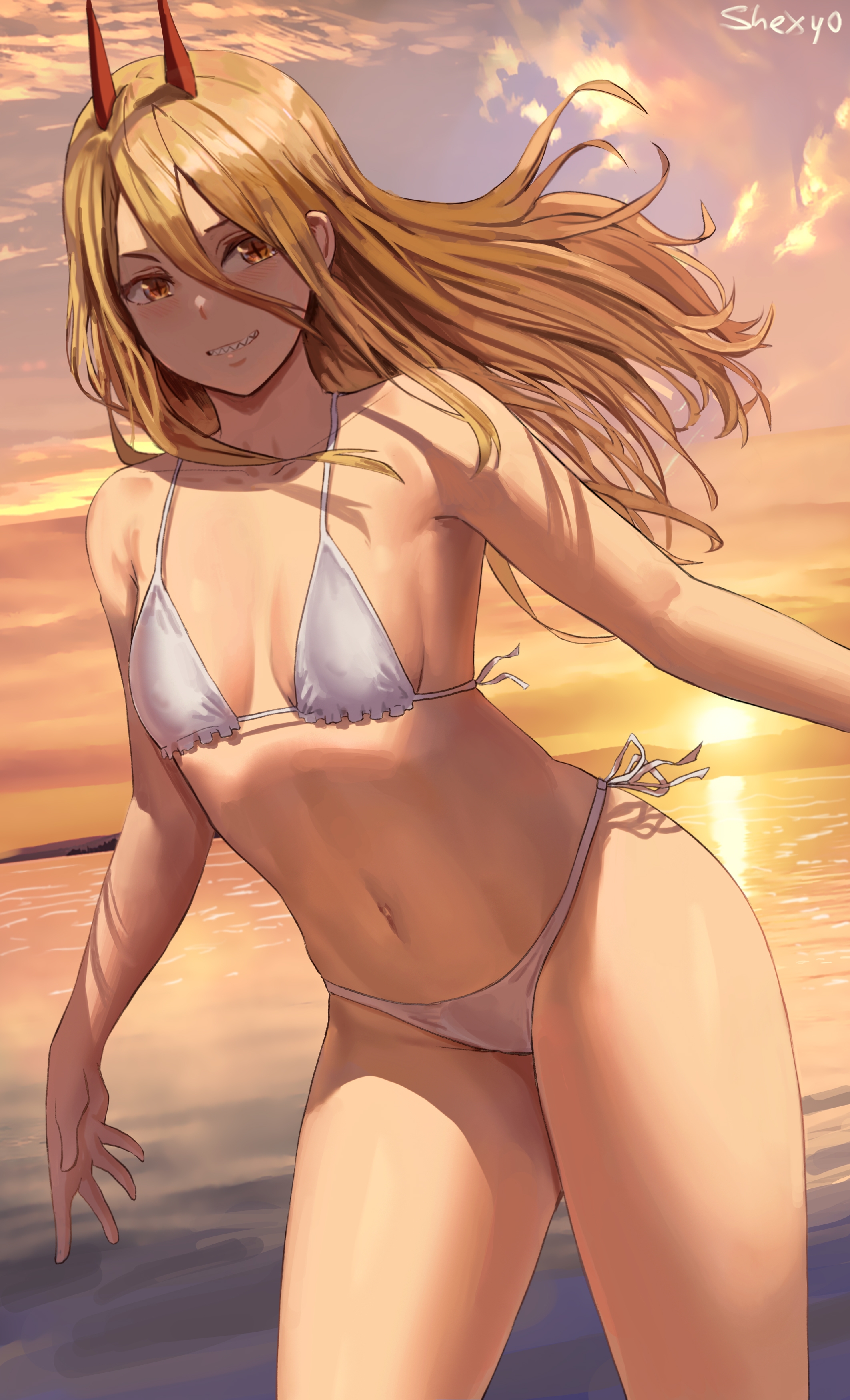 1girls, 2021, armpits, artist signature, beach, belly button, bikini, blonde hair, blonde-haired female, breasts, chainsaw man, demon, demon girl, demon horns, detailed background, female, female focus, female only, gold eyes, hi res, hips, horns, light skin, light-skinned female, long hair, looking at viewer, mappa, outdoors, petite, pointy teeth, power (chainsaw man), red horns, seductive look, sharp teeth, shexyo, side-tie bikini, skinny, slim, slim waist, slit pupils, small breasts, smile, sunset, symbol-shaped pupils, teenager, thick thighs, thighs, water, white bikini, wide hips, yellow eyes