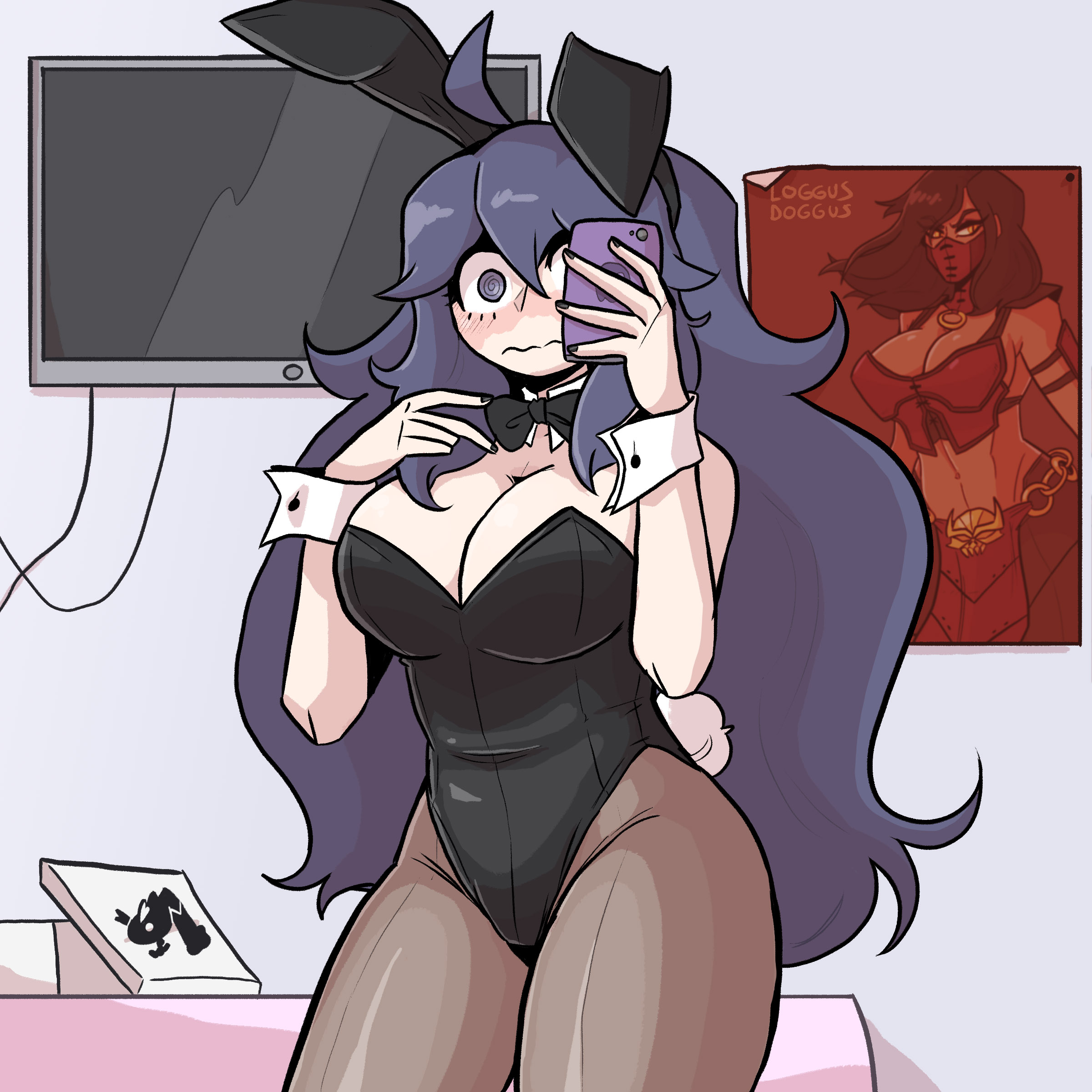 1girls, 2d, about to burst, background, barely contained, barely contained breasts, barely fits, blush, breasts too big, bunny costume, bunny ear, bunny ears, bunny girl, bunny tail, bunnysuit, bursting breasts, embarrassed, female, hex maniac, imminent wardrobe malfunction, loggus doggus, lopunny, mileena, mortal kombat, mortal kombat x, nintendo, npc trainer, phone, playboy bunny, pokemon, pokemon (species), poster, selfie, shy, solo, straining clothing, tight fit, too tight, undersized clothes, undersized clothing