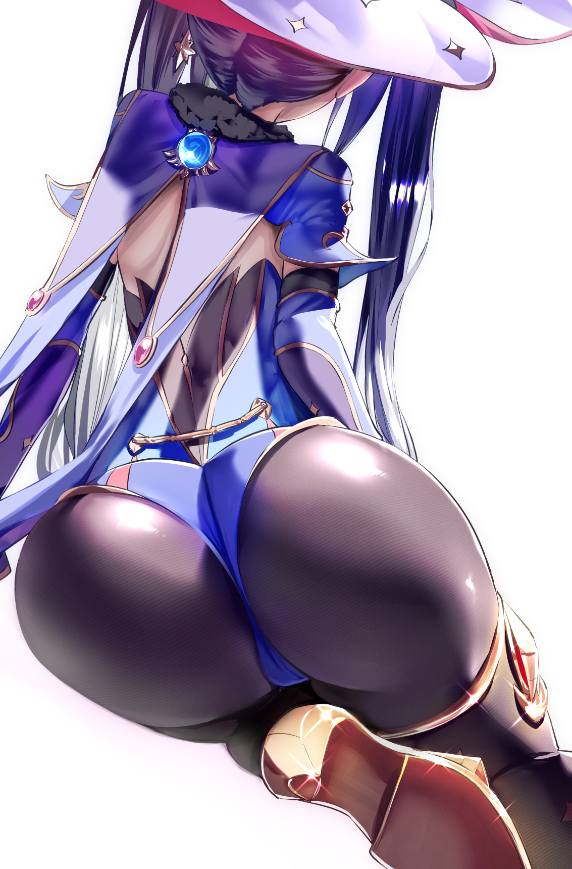 1girls, 2021, ass, ass focus, ass shot, back, backless outfit, black hair, blue leotard, bubble ass, bubble butt, cameltoe, facing away, facing forward, female, female focus, female only, genshin impact, gloves, gold (metal), gold heels, gold jewelry, hat, heels, high heels, highleg leotard, huge ass, jewelry, large hat, leotard, long gloves, long hair, mona (genshin impact), pussy, sheer legwear, shoes, simple background, thick thighs, thigh strap, thighs, tights, twintails, uenoryoma, wedgie, white background, witch hat