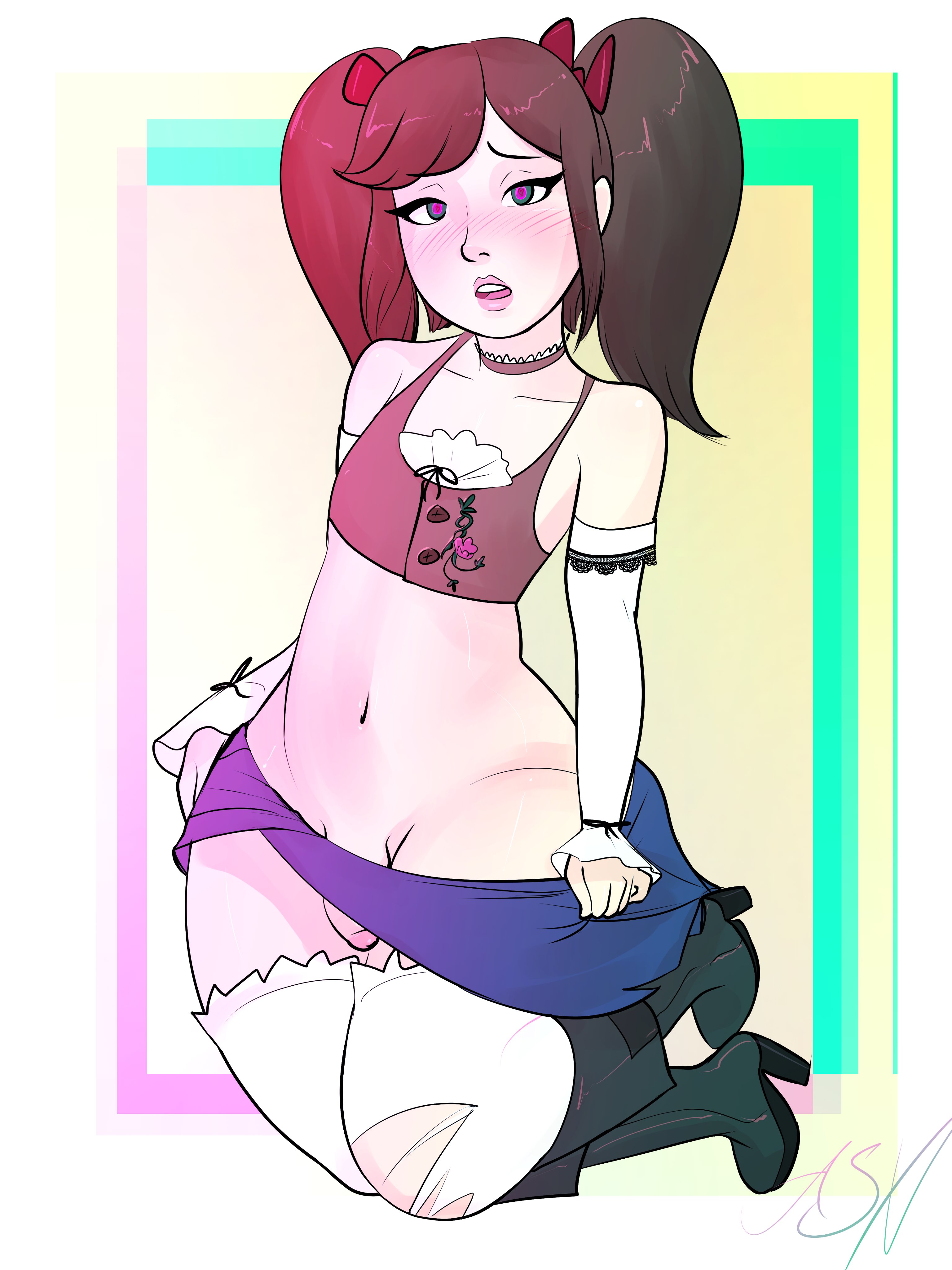 1boy, applespicex, ass, blush, bottomless skirt, brown hair, choker, crossdressing, femboy, flaccid, girly, green eyes, heel boots, hiro (tales of androgyny), huge ass, kneeling, lipstick, looking at viewer, male, navel, no panties, open mouth, partially clothed, penis, penis peek, penis under skirt, pink eyes, sissy, skirt, skirt pull, tales of androgyny, thick thighs, thighhighs, torn thighhighs, trap, twintails, wide hips