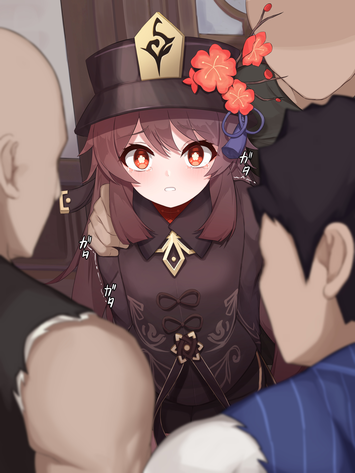 1girls, 3boys, blush, brown hair, clothed, crying, crying with eyes open, female, female focus, genshin impact, hand on another's shoulder, hat, hi res, hu tao (genshin impact), imminent rape, male, red eyes, sad, twintails, you gonna get raped