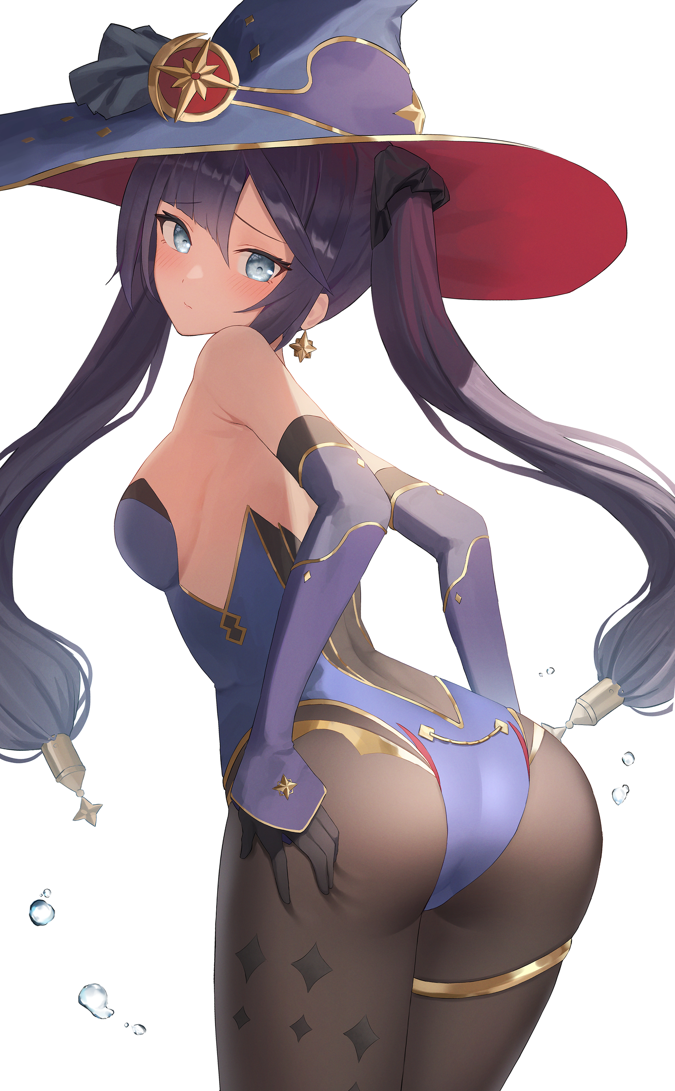 1girls, ass, blue eyes, breasts, ear piercing, female, genshin impact, hat, light skin, long hair, looking at viewer, mona (genshin impact), purple hair, riyo hirose, sideboob, solo, tagme, twintails, white background, white skin