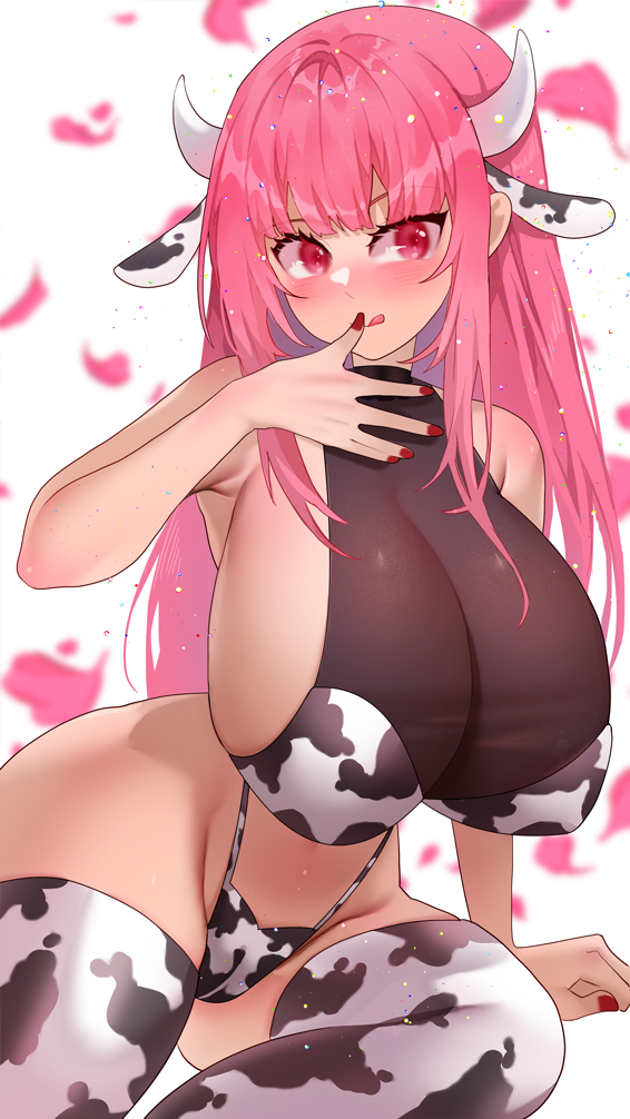 1girls, blush, breasts, cleavage, cow ears, cow print, cow print bikini, cow print legwear, female, female only, hololive, hololive english, hololive myth, horns, huge breasts, licking lips, mori calliope, pink eyes, pink hair, solo, sumisumii, virtual youtuber