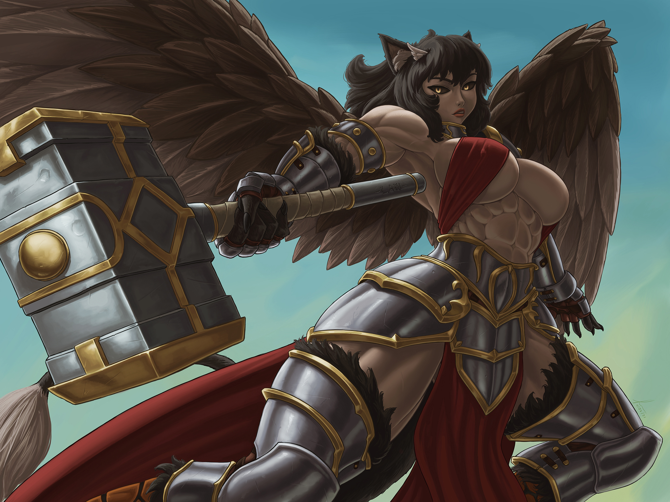 abs, armor, black hair, breasts, busty, dmaxcustom, eyebrows, female, gloves, grey skin, gryphon, hammer, large breasts, looking at viewer, monster girl, muscles, muscular, muscular female, solo, underboob, weapon, wings, yellow eyes