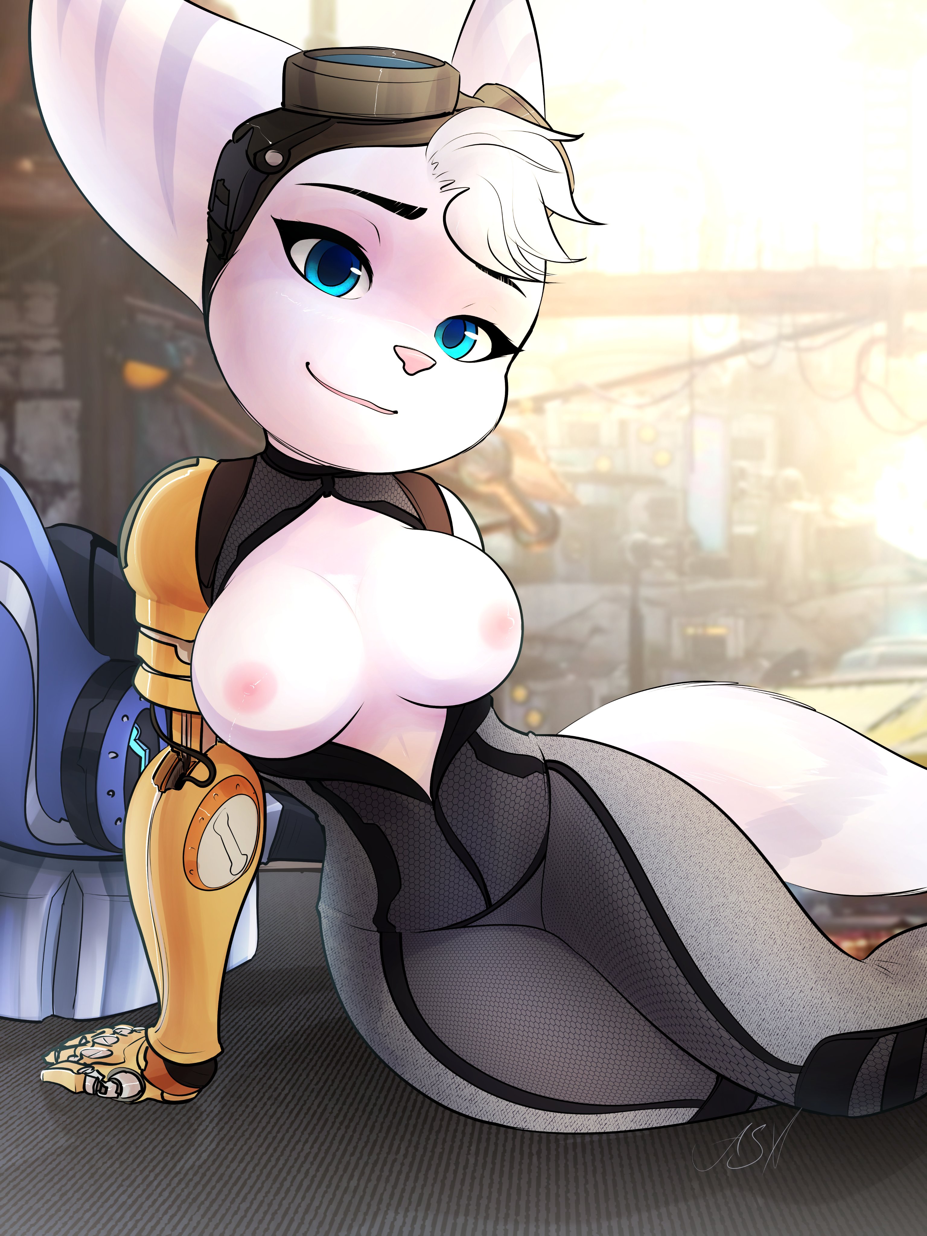 1girls, alternate version available, anthro, applespicex, areolae, big ears, blue eyes, bodysuit, bra, breasts, breasts out, clothed, cybernetic arm, cybernetic limb, cybernetics, eyewear, female, female only, furry, goggles, goggles on head, leaning, looking at viewer, mechanical, neckwear, nipples, no bra, non-human areolae, on side, open bodysuit, prosthetic, prosthetic arm, prosthetic limb, ratchet and clank, ratchet and clank: rift apart, rivet (ratchet and clank), smile, solo, tail, weapon, white fur, white hair