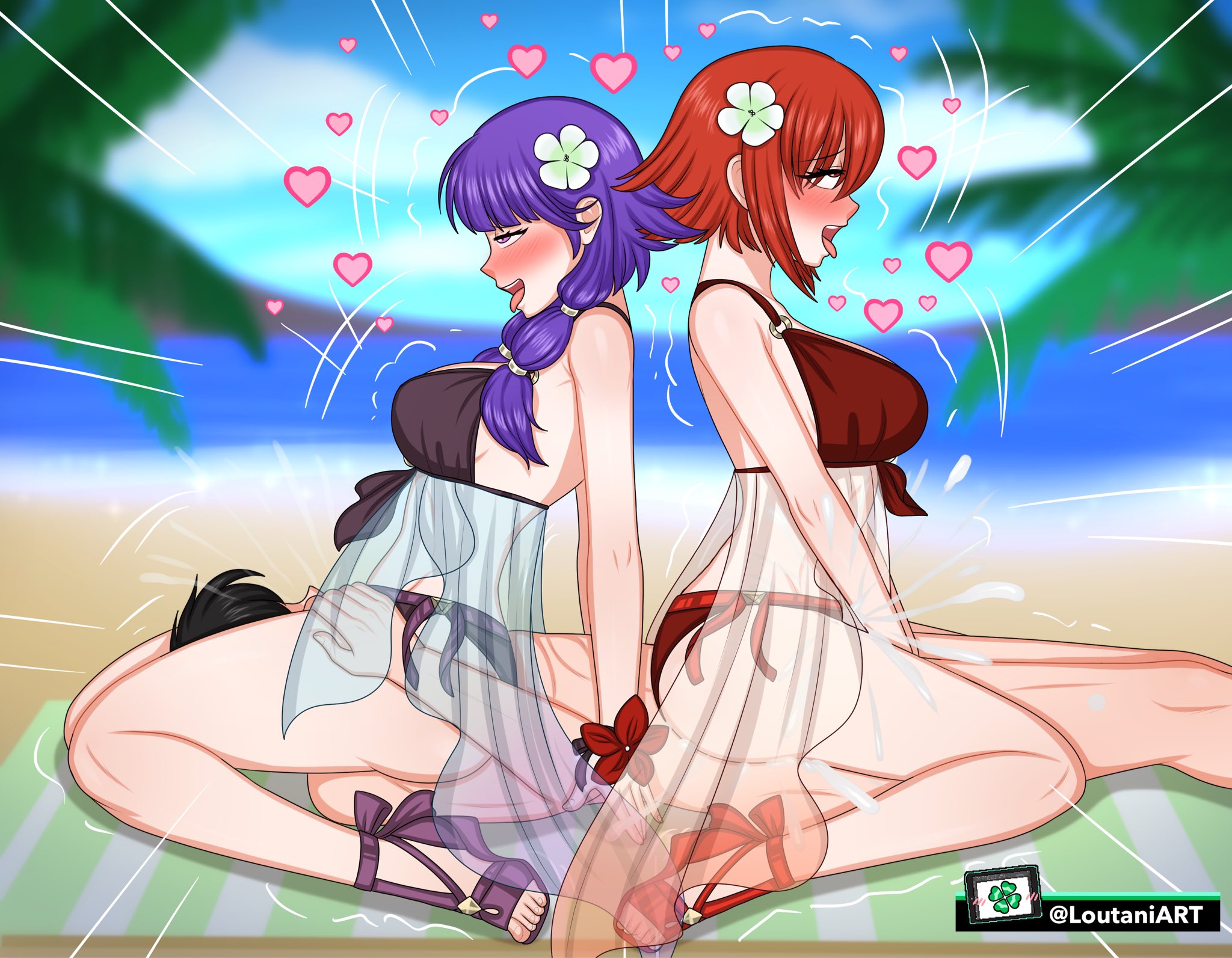 2girls, ahe gao, alternate costume, ass, bangs, beach, big ass, bikini, black bikini, black swimsuit, blush, breasts, cosplay, cum, cum in pussy, cum inside, cunnilingus, eyes rolling back, female, ffm threesome, fire emblem, fire emblem heroes, fire emblem: mystery of the emblem, fire emblem: shadow dragon and the blade of light, fire emblem: the sacred stones, fucked silly, hair flower, half-closed eyes, happy, happy sex, heart, heavy blush, large breasts, light skin, light-skinned female, light-skinned male, looking pleasured, loutaniart, lute (fire emblem), lute (fire emblem) (cosplay), male, medium hair, minerva (fire emblem), motion lines, multiple females, multiple girls, nintendo, ocean, open mouth, open smile, oral, orgasm, pleasure face, purple bikini, purple eyes, purple footwear, purple hair, purple swimsuit, pussy, pussy juice, red bikini, red eyes, red footwear, red hair, red swimsuit, reverse spitroast, rolling eyes, sandals, seaside, see-through, sex, short hair, side view, smile, squirting, summer, swimsuit, threesome, toes, tongue, tongue out, trembling, vaginal penetration, veil