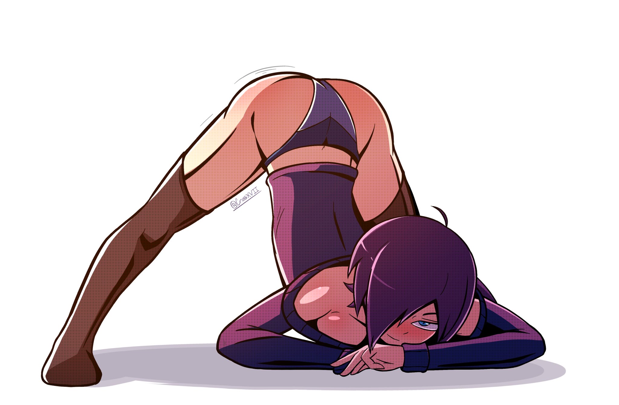 1girls, ass, ass up, blue eyes, blush, borrowed character, clothed, crossxvii, face down ass up, female, female only, hair over one eye, jack-o pose, looking at viewer, panties, purple hair, purple panties, seductive look, skinny, smile, solo, thighhighs, white background, zone-tan