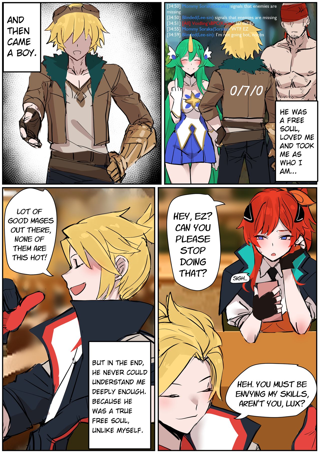 2boys 2girls annoyed bald_man battle_academia_ezreal battle_academia_lux battle_academia_series blind blonde_hair canon_couple colored comic comic_page doujinshi dress ezreal green_hair hudak large_pectorals league_of_legends lee_sin luxanna_crownguard male male_nipples middle_finger muscle_man no_sex red_hair schoolgirl soraka star_guardian_series star_guardian_soraka summoner's_rift