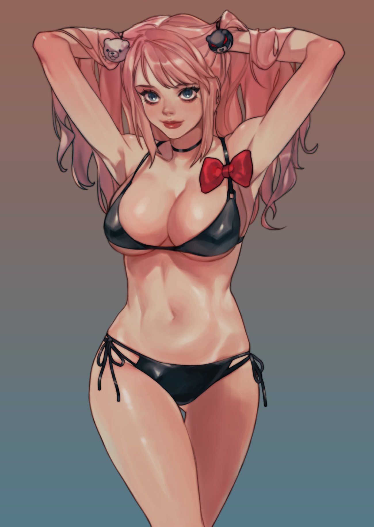 1girls big_breasts bikini blonde_hair blue_eyes bow choker color colored danganronpa danganronpa:_trigger_happy_havoc danganronpa_s:_ultimate_summer_camp female female_focus female_only gyaru hair_ornament hands_behind_head high_resolution highres junko_enoshima navel pink_hair pink_lips smile solo solo_female solo_focus straight_hair strawberry_blonde_hair tdn_ng toned_female twintails underboob wide_hips