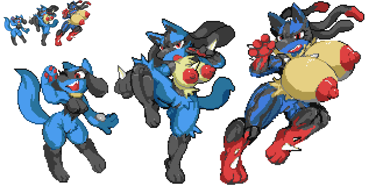 alpha_channel anthro areola big_breasts black_body black_fur blue_body blue_fur breasts canid canine digital_media_(artwork) female fur genitals group huge_breasts hyper hyper_breasts lucario mammal mega_evolution mega_lucario muscular muscular_female nintendo nipples nude open_mouth pester pixel_art pokemon pokemon_(species) pussy red_eyes riolu smile spikes sprite_art video_games