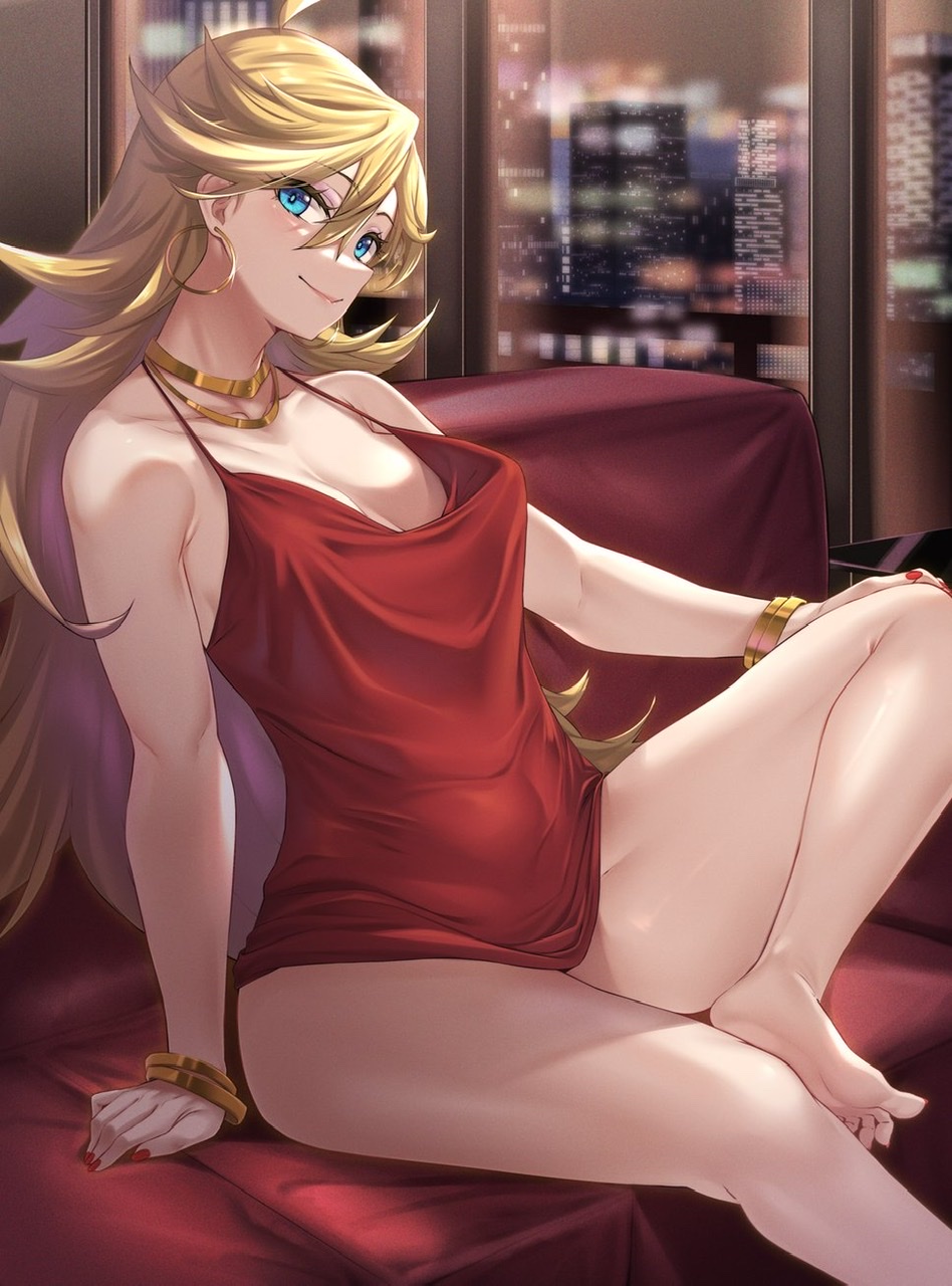 1girls, armpits, bare shoulders, barefoot, big breasts, blonde hair, blue eyes, bottomless, bracelet, breasts, clothing, colored nails, couch, dress, earrings, feet, female, hair between eyes, hoop earrings, indoors, jewelry, lips, long hair, looking at viewer, looking to the side, moisture (chichi), necklace, night, panty & stocking with garterbelt, panty anarchy, red dress, red nails, smile, spiky hair, thick thighs, thighs, very long hair
