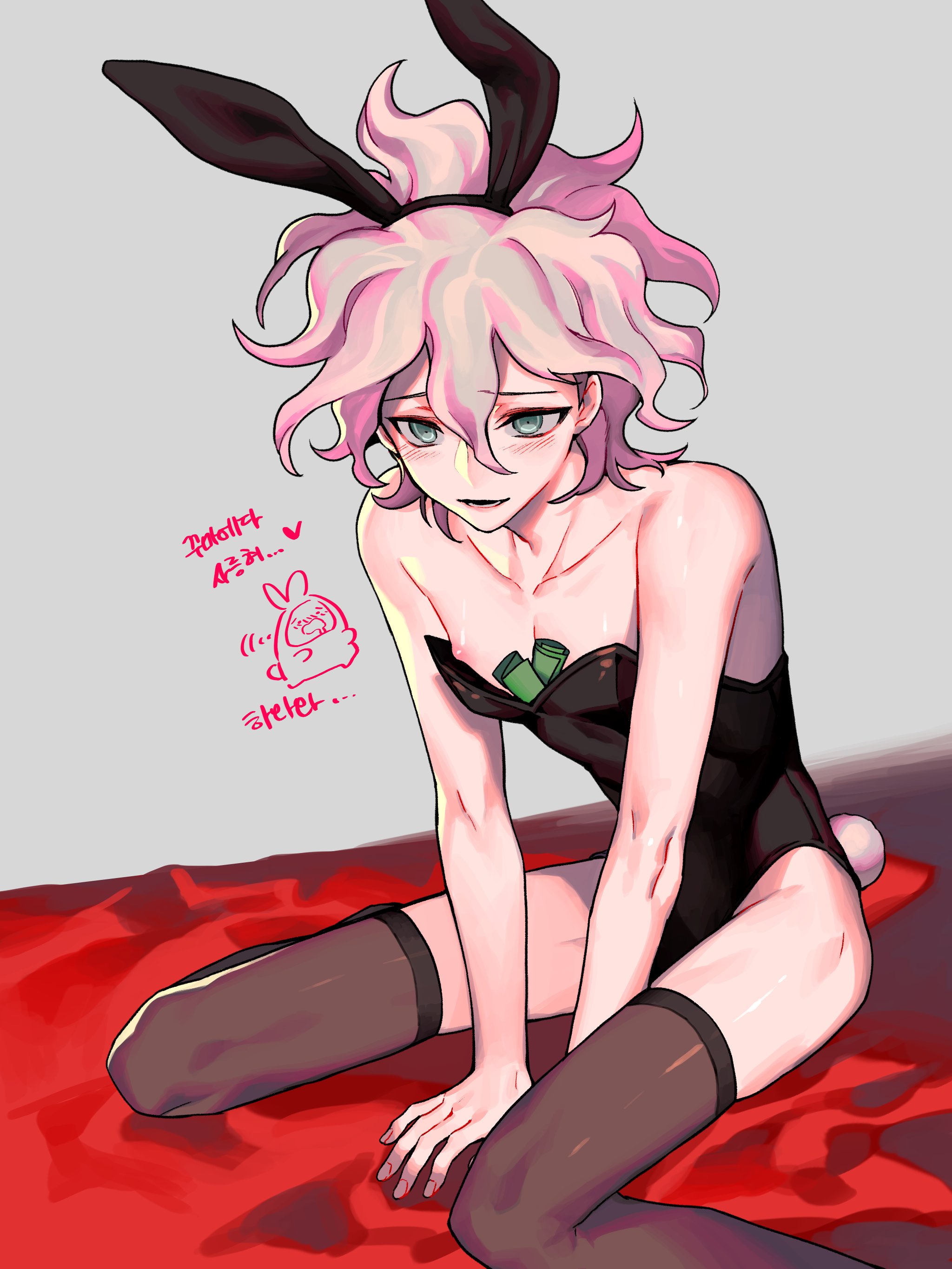 1boy, blue eyes, blush, bunny ears, bunny tail, bunnysuit, curly hair, danganronpa, danganronpa 2: goodbye despair, femboy, feminine male, fluffy hair, light skin, light-skinned male, male, male focus, male only, money under clothes, nagito komaeda, nipple slip, sin dangan, sitting, skinny, smile, smooth skin, solo, solo focus, solo male, stockings, thighhigh stockings, thighhighs, translation request, two-tone hair, wariza