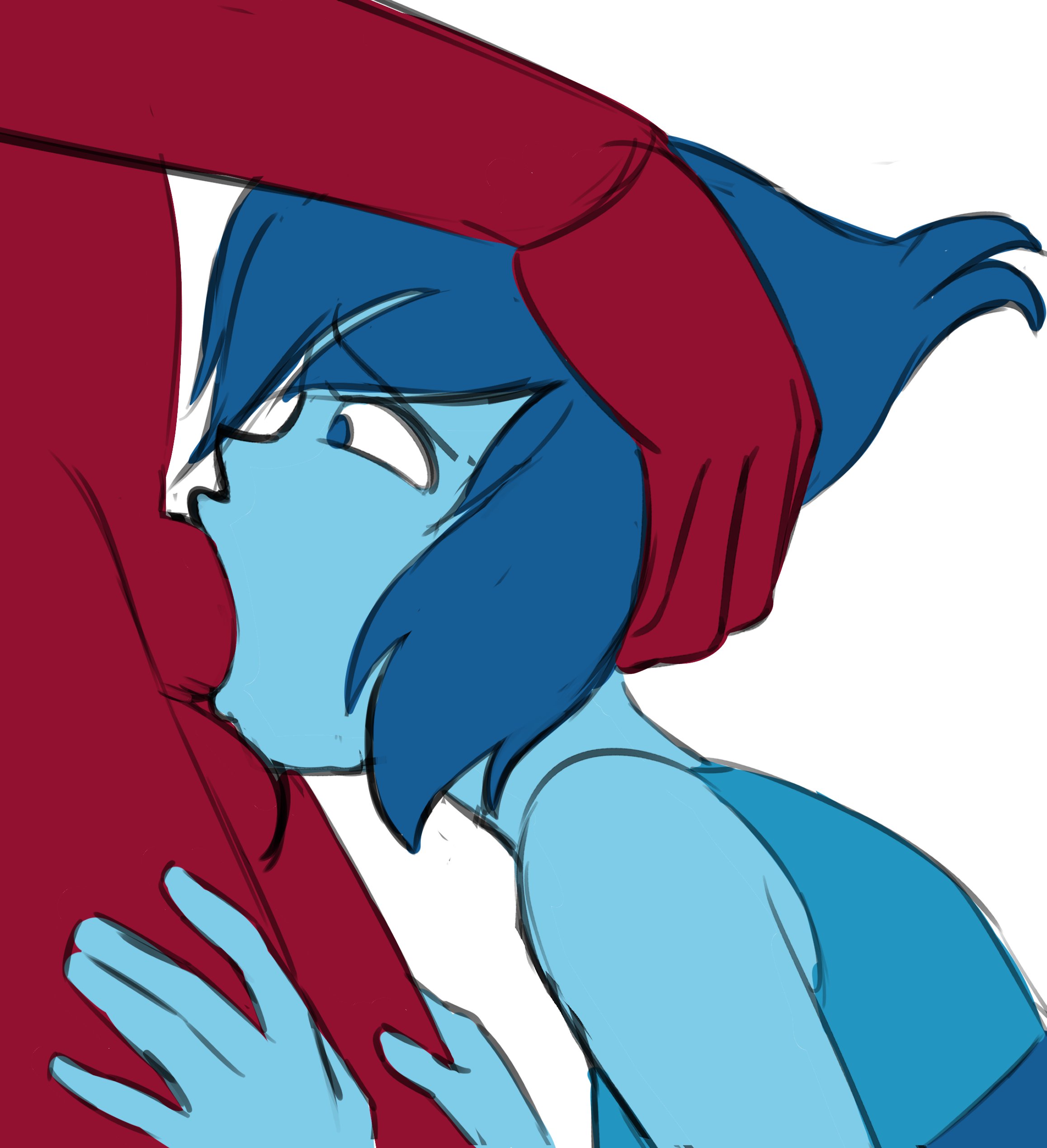 1girls, blowjob, blue eyes, blue hair, deepthroat, digitalkaiju, fellatio, female, female focus, futanari, garnet (steven universe), gem (species), gem fusion, hand on another's head, holding head, intersex, lapis lazuli (steven universe), oral, short hair, solo focus, steven universe, white background