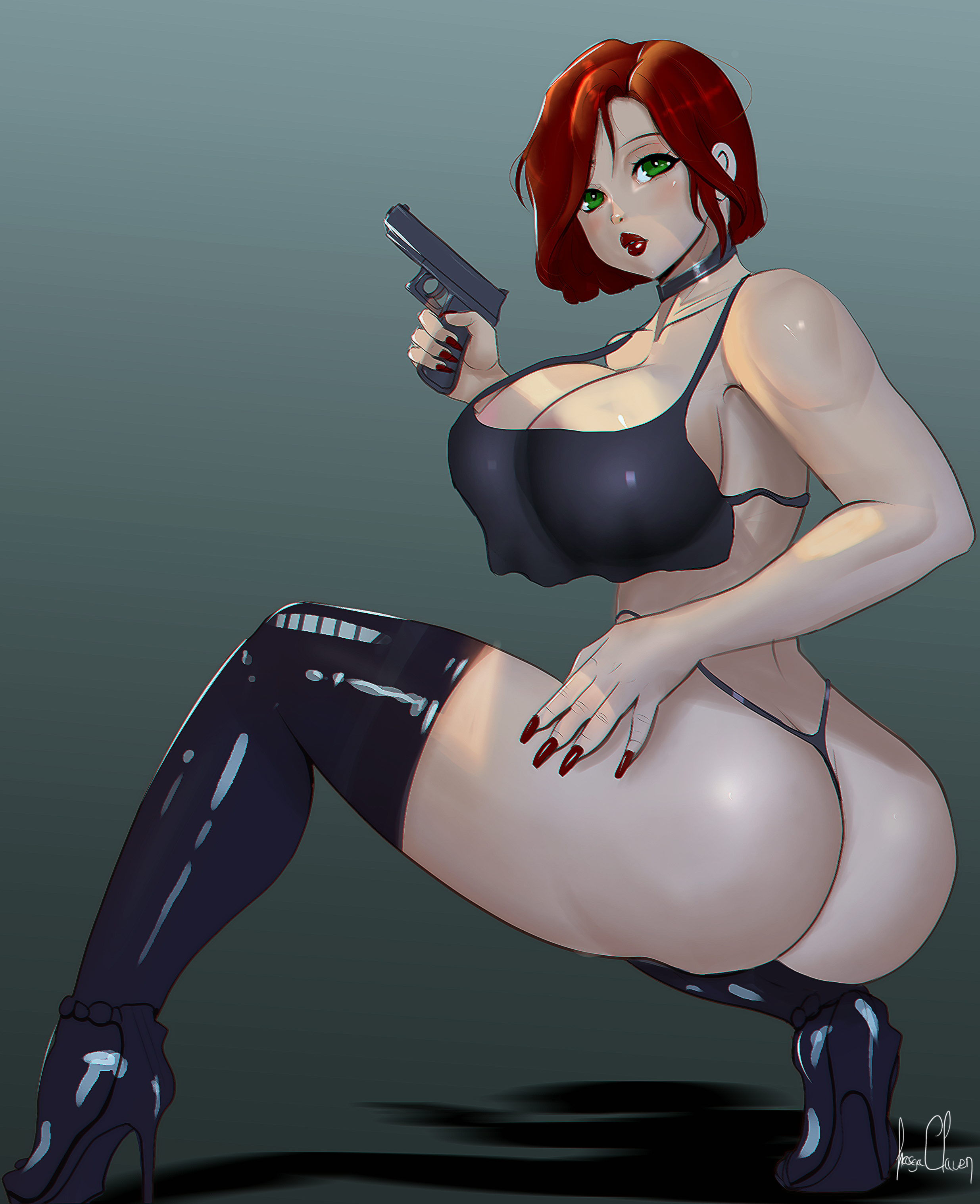 1girls, ass, black widow (marvel), boots, breasts, bubble ass, bubble butt, choker, cleavage, female, female only, green eyes, gun, high heel boots, high heels, huge breasts, human, human only, lasgaclaven, latex, latex legwear, light skin, light-skinned female, long boots, long fingernails, marvel, marvel comics, natasha romanoff, red hair, solo, solo female, thong, voluptuous, weapon