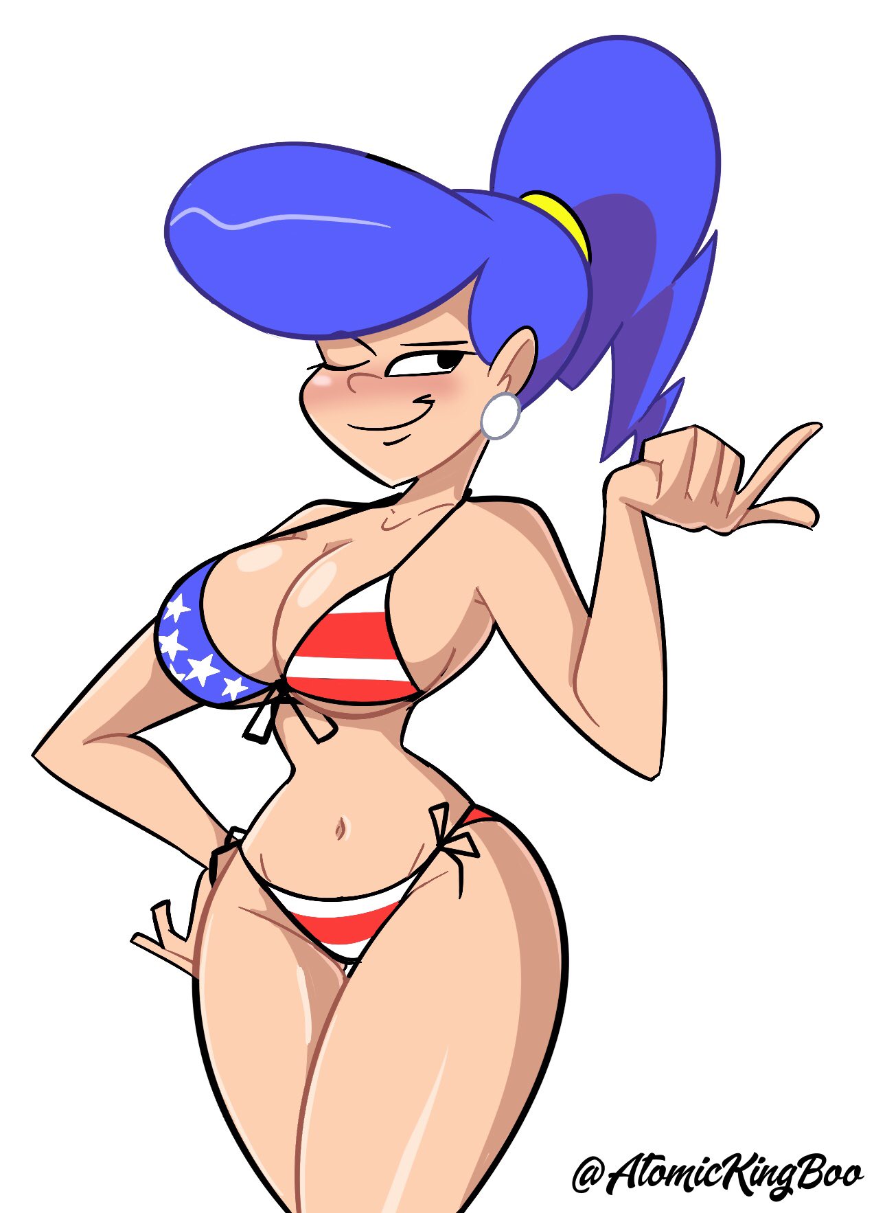 1girls 4th_of_july american_flag_bikini atomickingboo becky_brightly big_breasts big_thinkers bikini blue_hair blush breasts female female_only hand_on_hip huge_breasts navel one_eye_closed ponytail smile solo thick_thighs thighs voluptuous