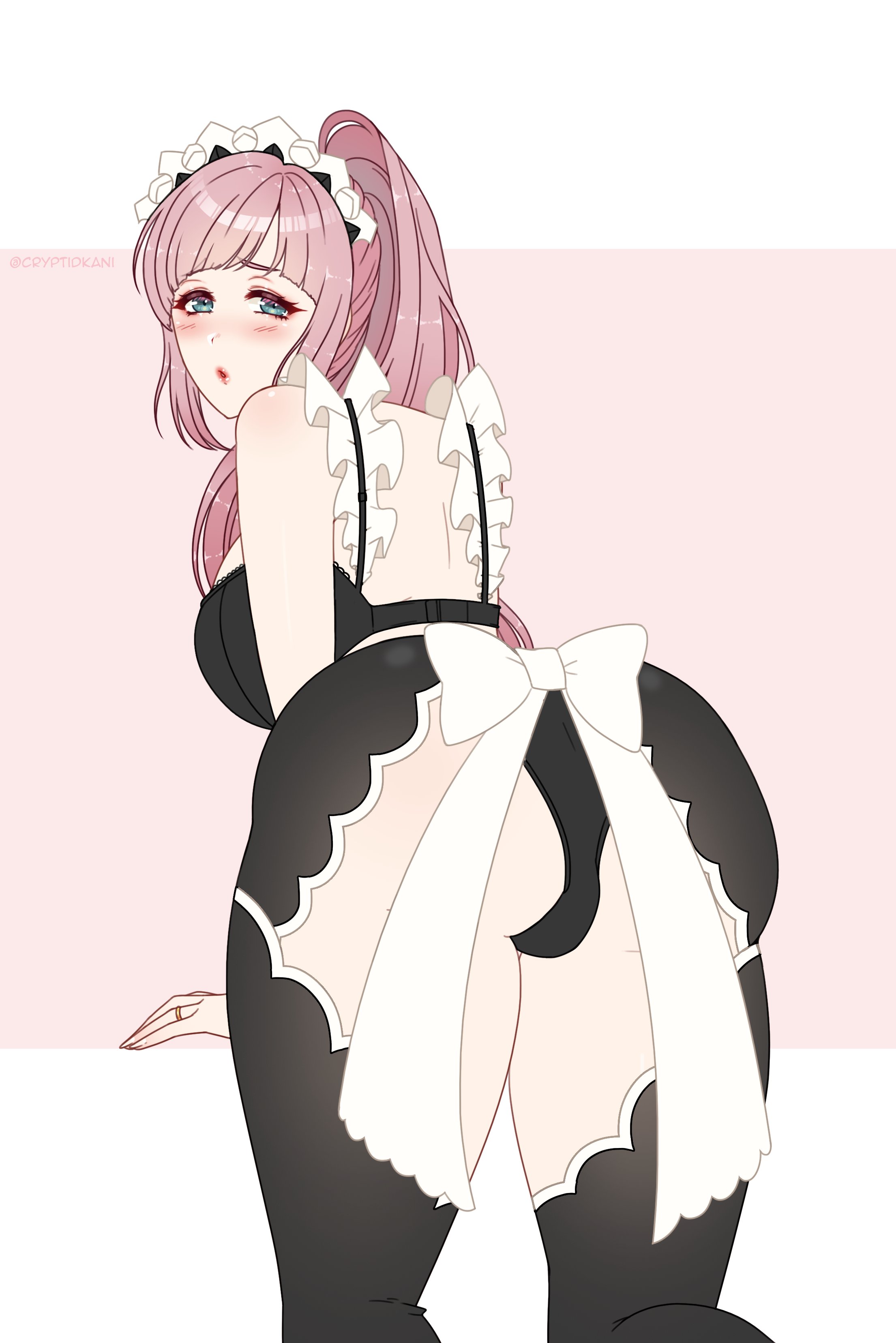 1girls, alternate costume, ass, back, back view, backboob, bangs, bare back, bare thighs, black lingerie, black panties, blue eyes, breasts, bride, clumsy, cryptid crab, felicia (fire emblem), female, fire emblem, fire emblem fates, huge ass, huge breasts, inner thighs, lingerie, long hair, looking at viewer, looking back, maid, nintendo, panties, pink hair, ponytail, ring, solo, solo female, thick thighs, thighhighs, tripping, wedding ring
