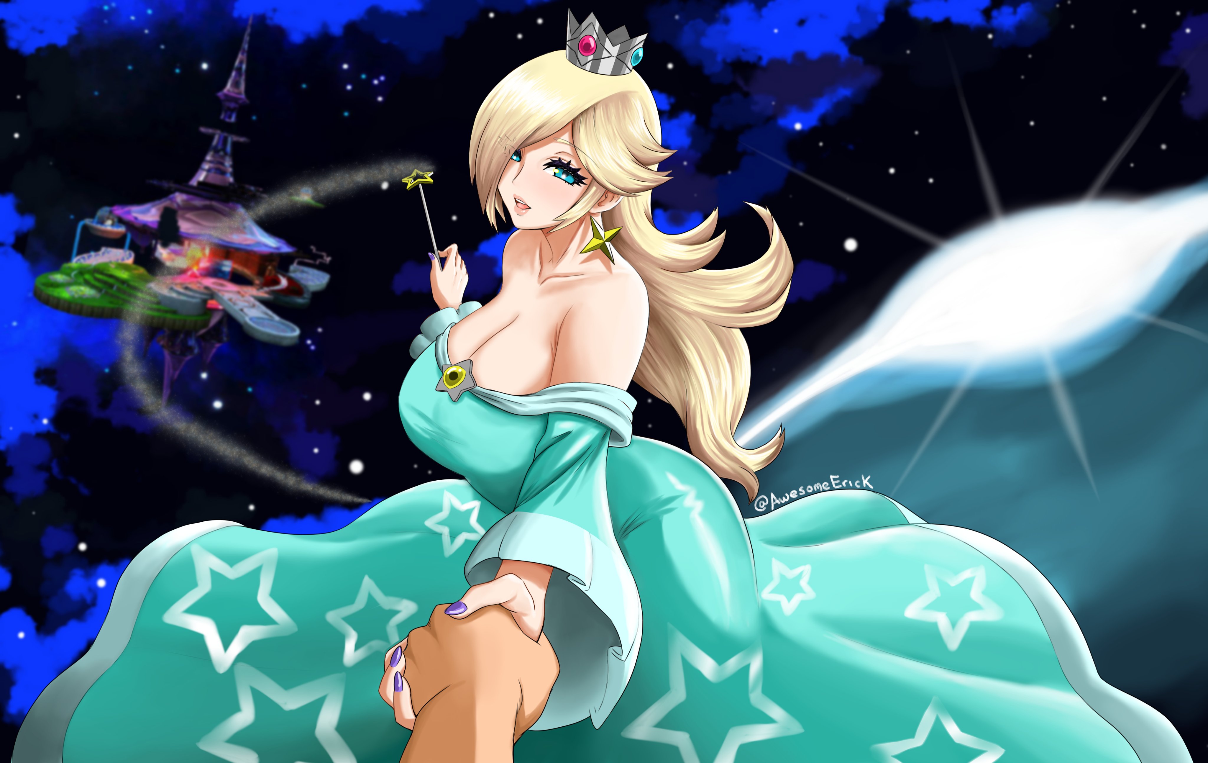 awesomeerix, big breasts, blue eyes, breasts, cleavage, comet observatory, crown, earrings, female, hair over one eye, holding hands, long hair, looking at viewer, mario (series), platinum blonde hair, princess rosalina, smile, super mario galaxy, wand