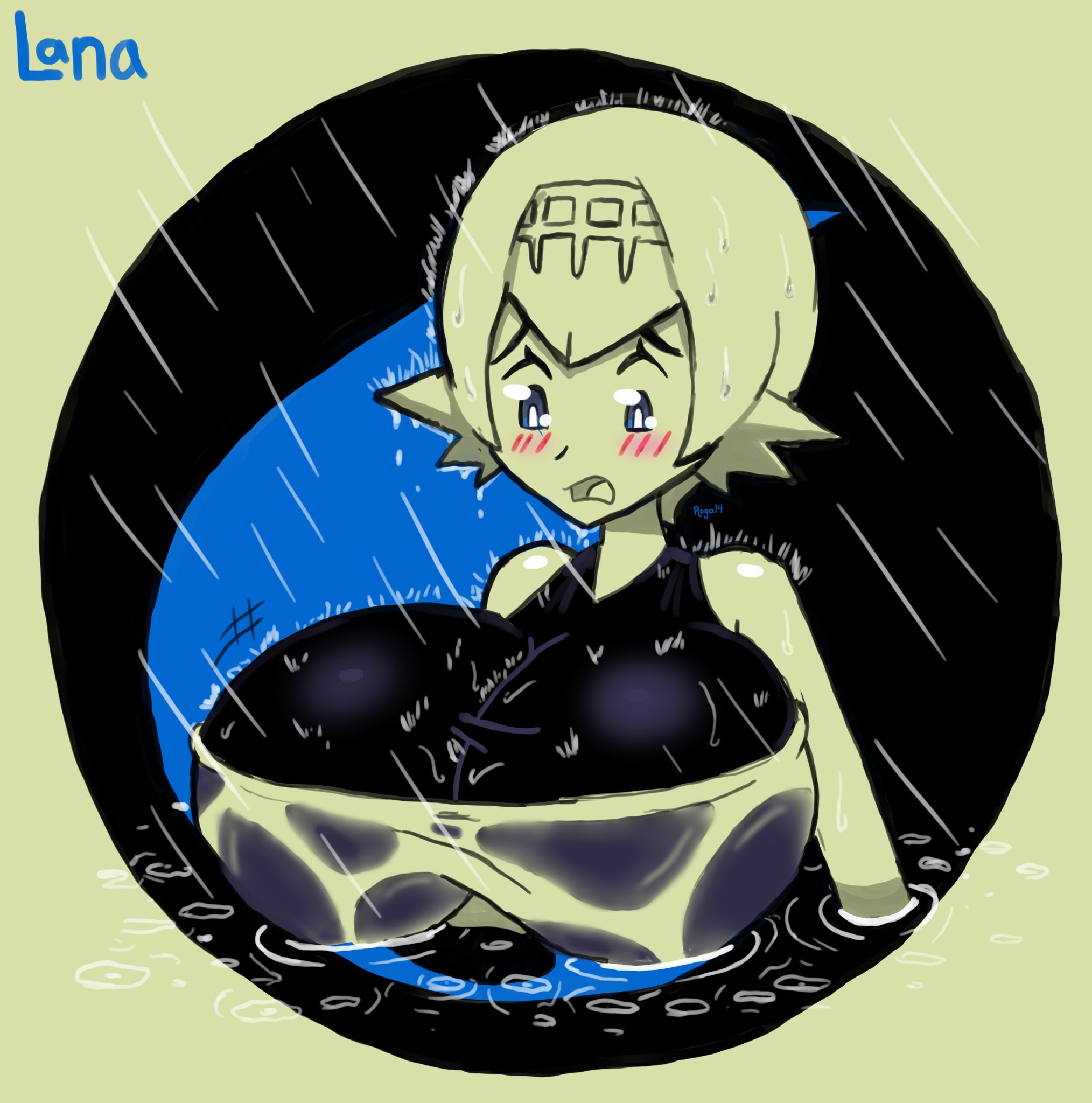 1girls, alternate breast size, artist name, bare shoulders, big breasts, blue eyes, blush, blushing, breast expansion, breast growth, breast growth (enlargement), breasts, embarrassed, female, female only, hair ornament, huge breasts, human, human only, humanoid, in water, lana (pokemon), large breasts, looking at breasts, looking down, mob face, monochrome, nervous, nintendo, pokemon, pokemon sm, rain, roga14, see-through, simple background, solo, solo female, text, top heavy, trial captain, water, wet clothes