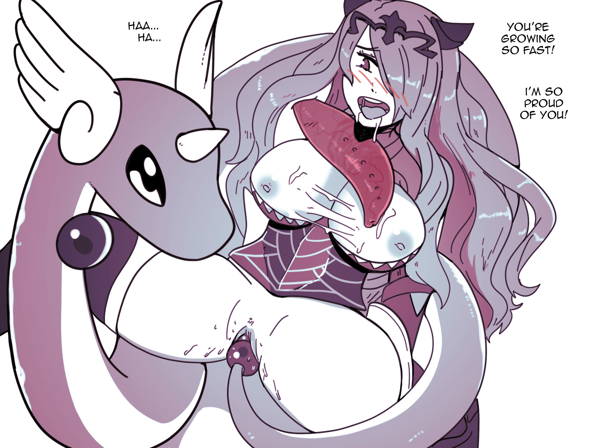 1boy, 1girls, animal penis, areolae, blush, bottomless, breasts, breasts out, camilla (fire emblem), clothed female, clothed sex, cum, cum in mouth, cum on body, cum on breasts, dialogue, dominant feral, dragonair, english text, female, female human/male feral, female on feral, femsub, fire emblem, fire emblem fates, hair over one eye, hi res, human, large breasts, long hair, looking at penis, male, male pokemon, male pokemon/female human, maledom, monster on female, nintendo, nipples, no bra, no panties, penis, penis on breast, pokémon (species), pokemon, pokemon (species), pokephilia, pussy, spread legs, tail in pussy, text, white background, wolfgang bang, year request, zoophilia